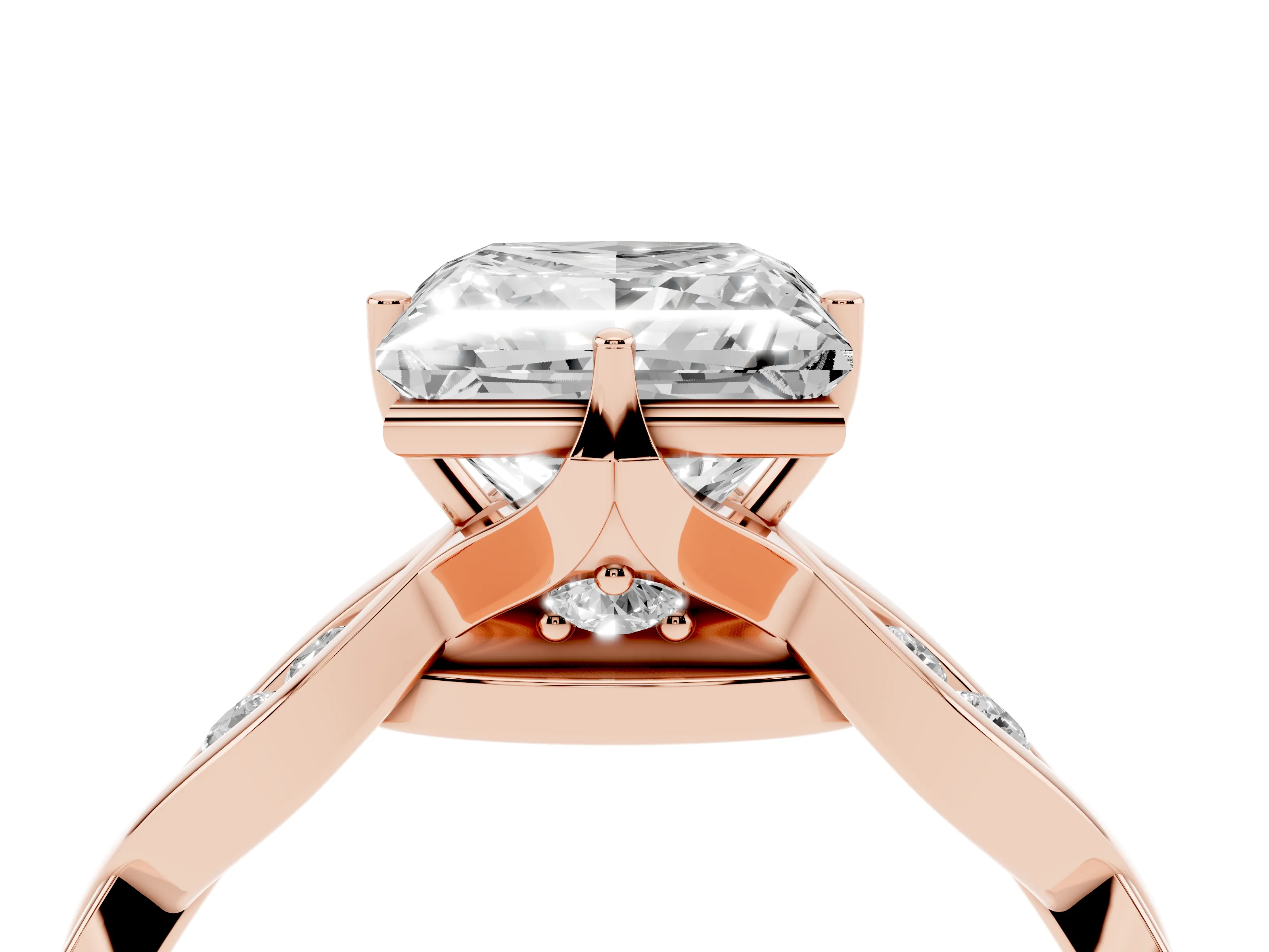 Princess Cut Diamond Twist Band Solitaire Ring Set in Rose gold with Leaf Prong Setting and Accent Stones