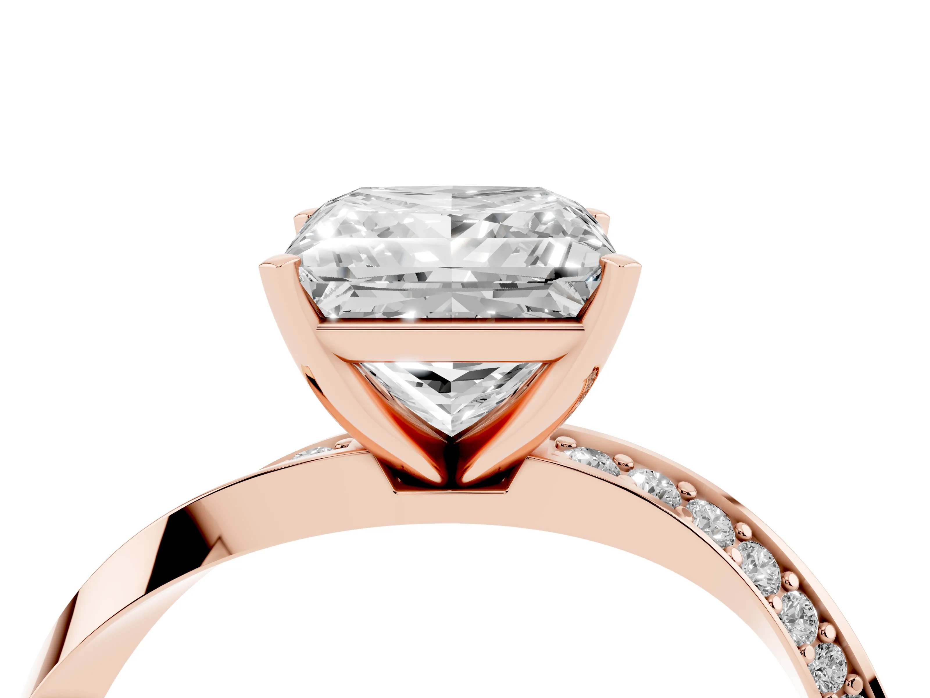 Princess Cut Diamond Engagement Ring Set in Rose gold with Side Stone Accents and Prong Setting