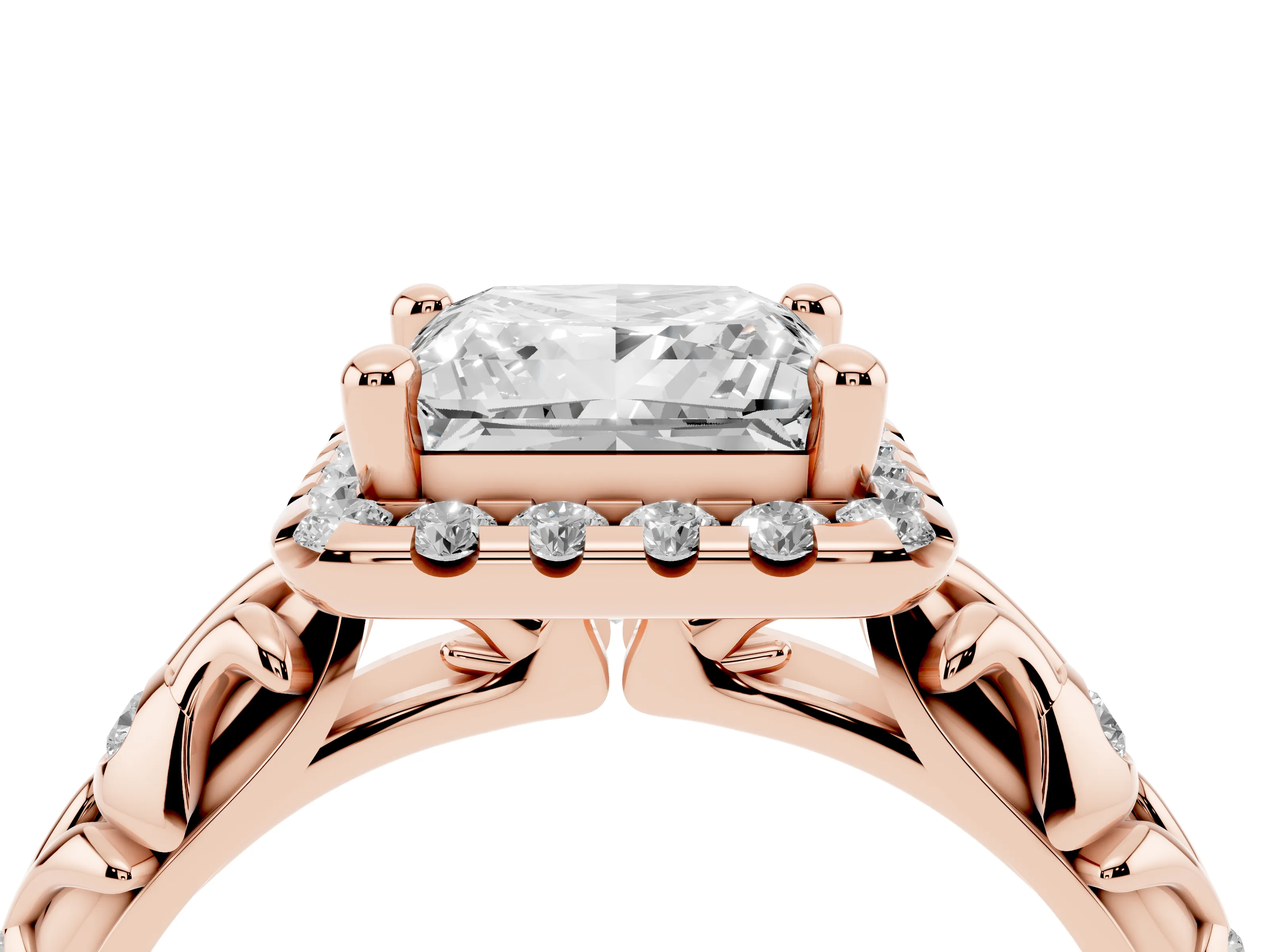 Princess Cut Diamond Halo Ring Set in Rose gold with Filigree Leaf Band and Prong Setting