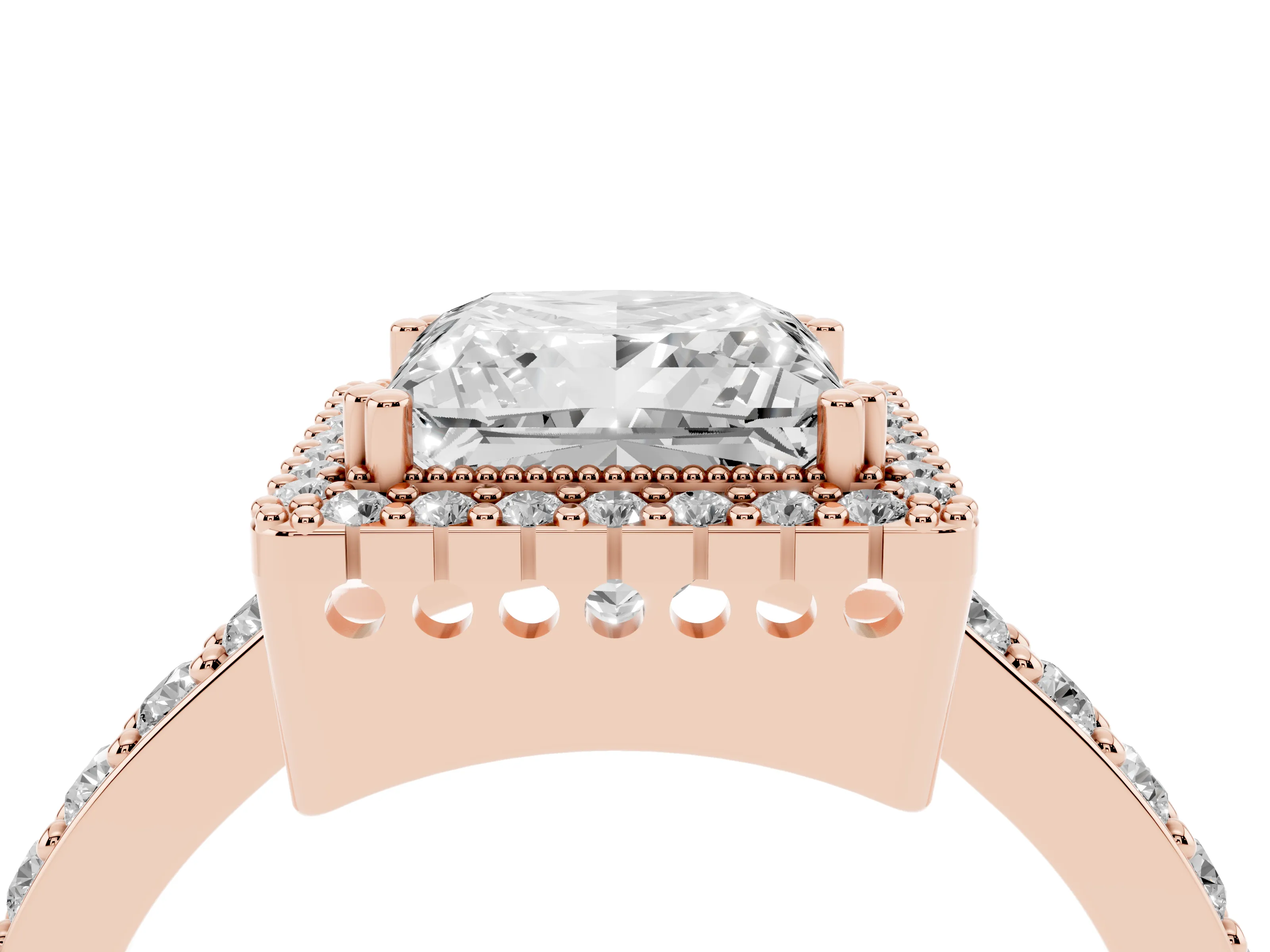 Princess Cut Diamond Halo Engagement Ring Set in Rose gold with Milgrain Detail and Pavé Band