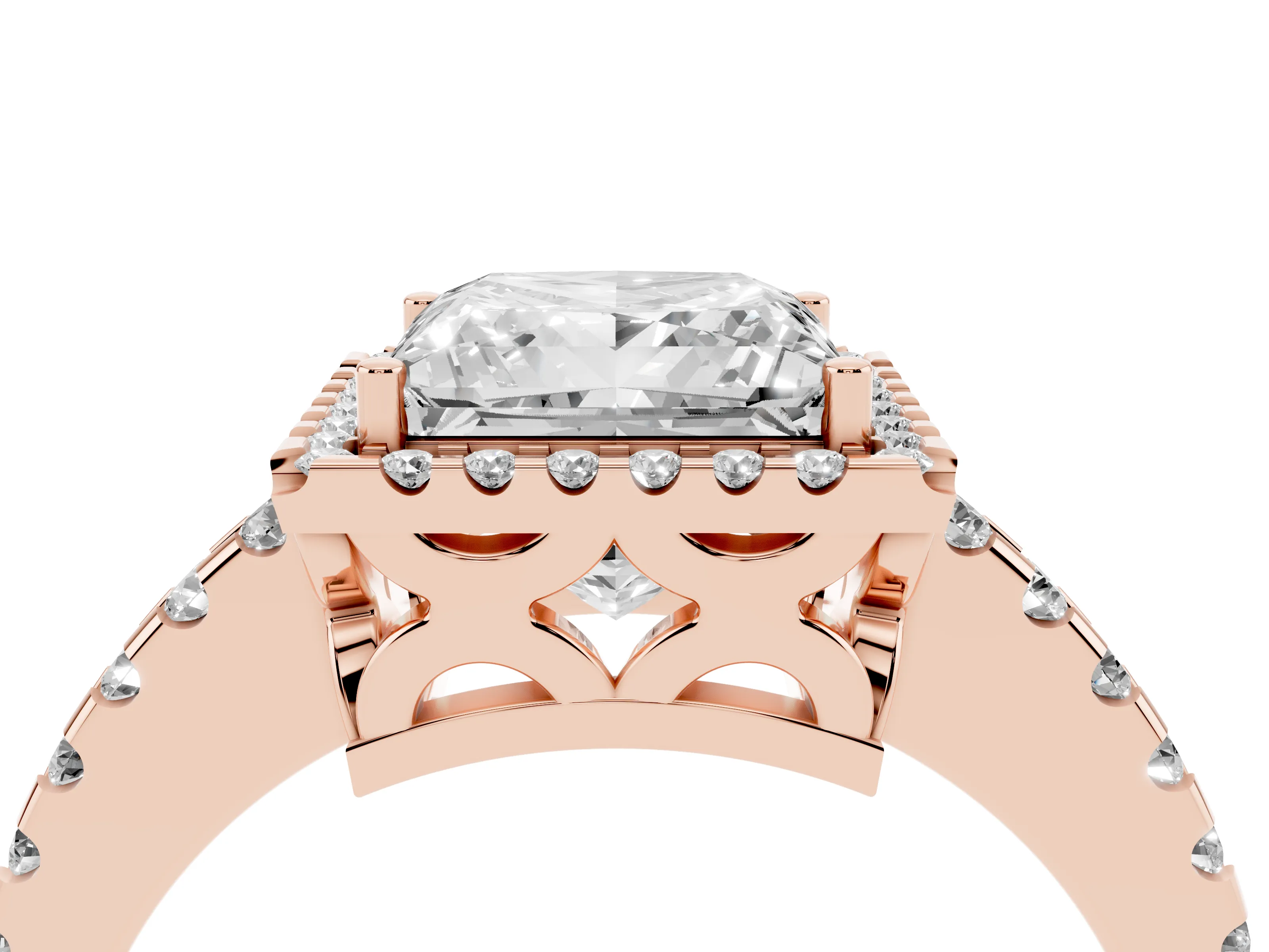 Princess Cut Diamond Halo Ring Set in Rose gold with Pavé Shoulders and Halo-Framed Center