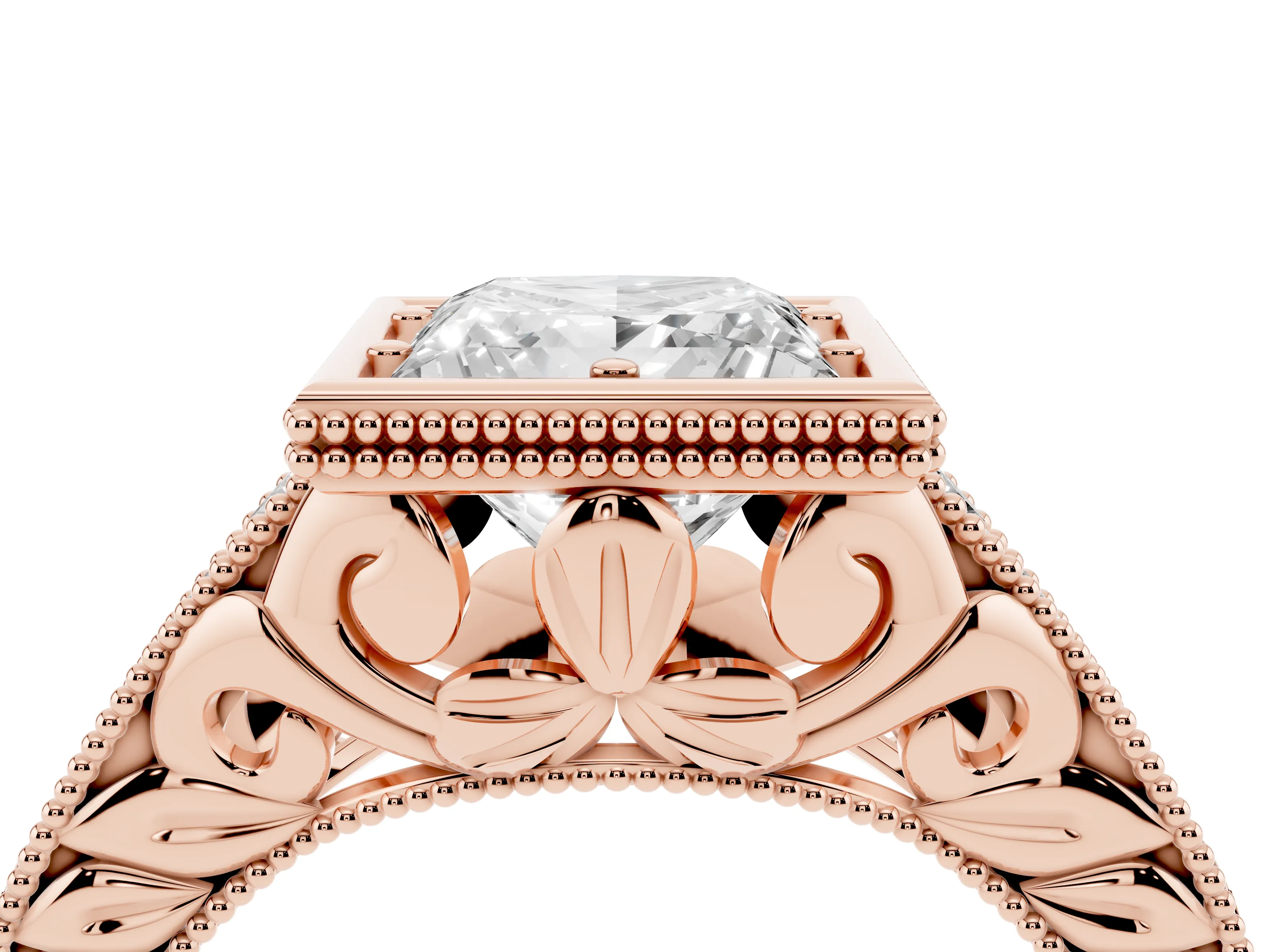 Bezel Set Princess Cut Diamond Milgrain Pavé Engagement Ring Set in Rose gold
