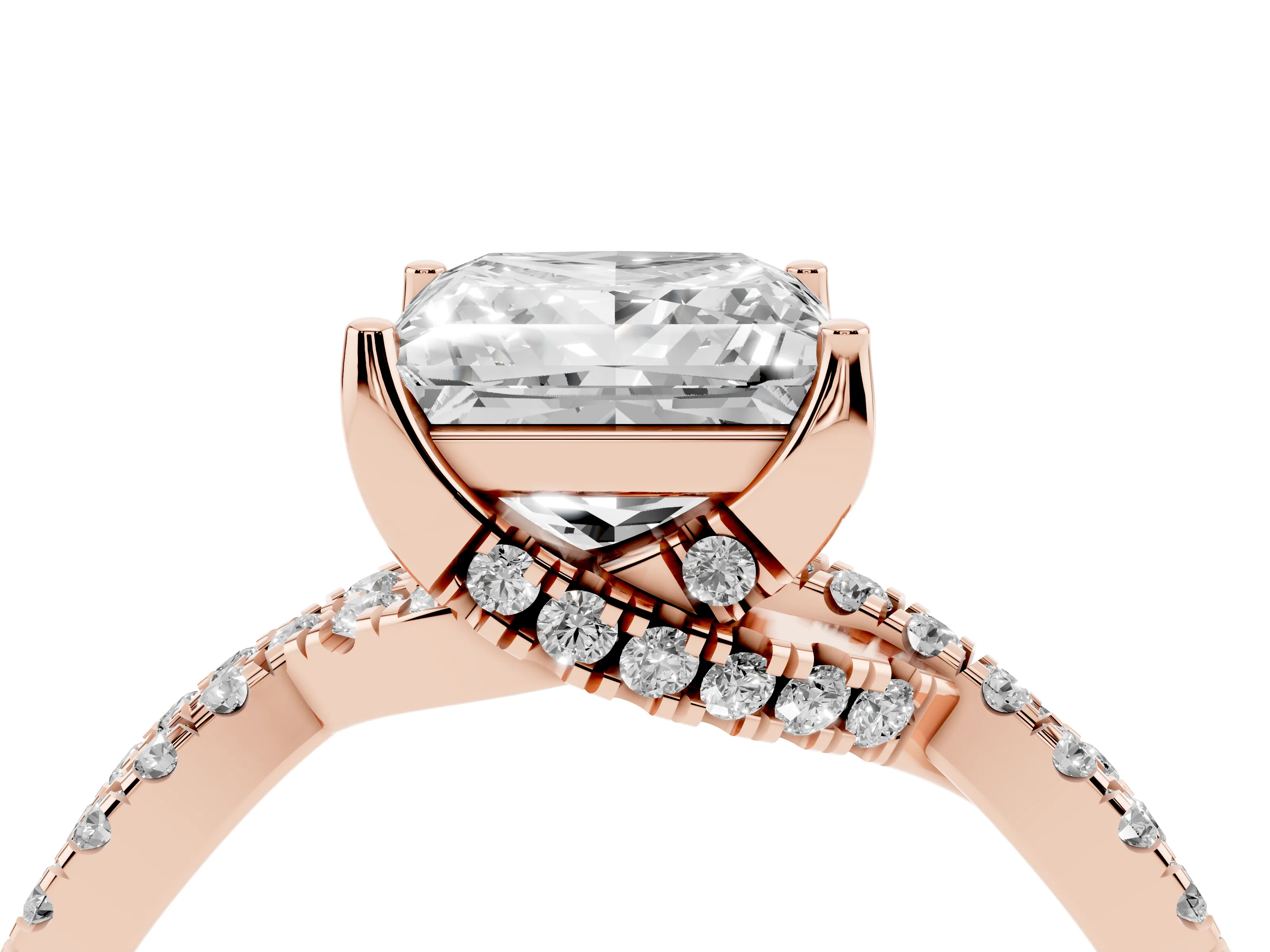 Princess Cut Diamond Twist Pavé Solitaire Engagement Ring Set in Rose gold with Prong Setting
