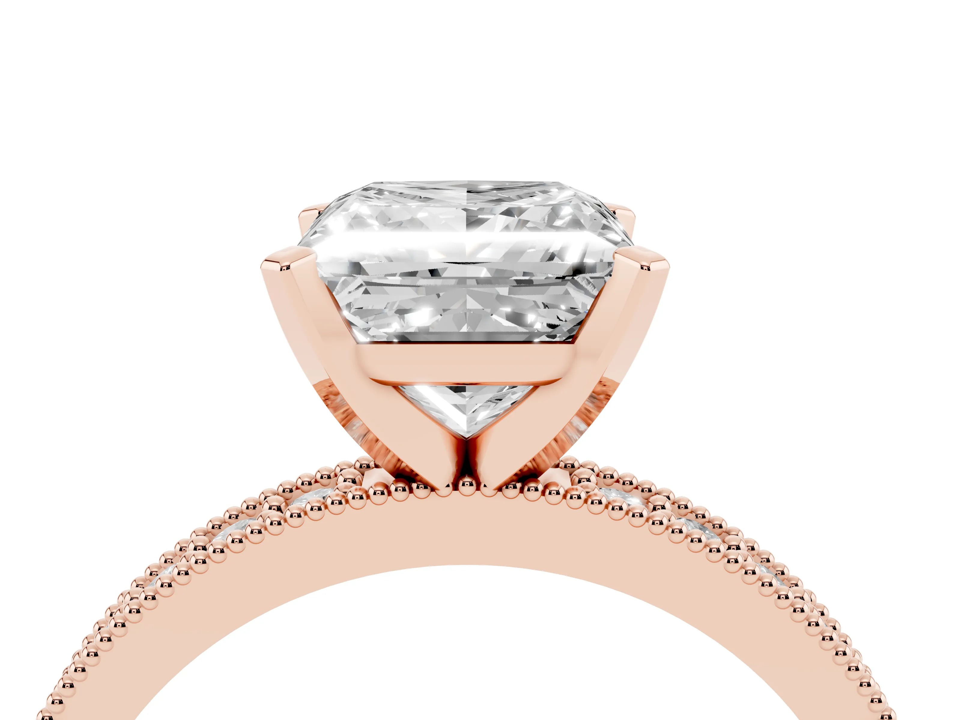 Princess Cut Diamond Milgrain Pavé Engagement Ring Set in Rose gold with Prong Setting