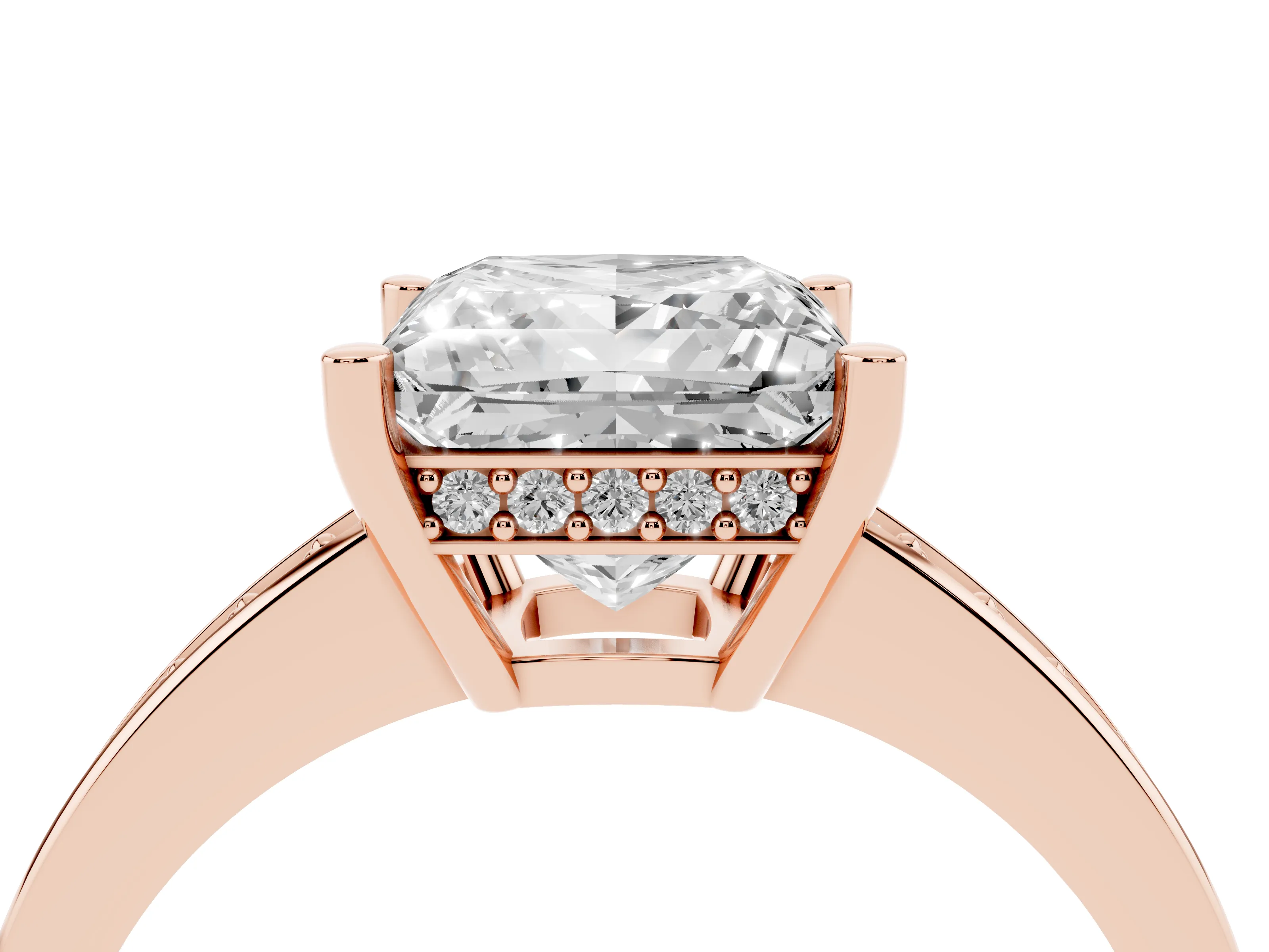 Princess Cut Diamond Pavé Band Prong Set Solitaire Ring Set in Rose gold