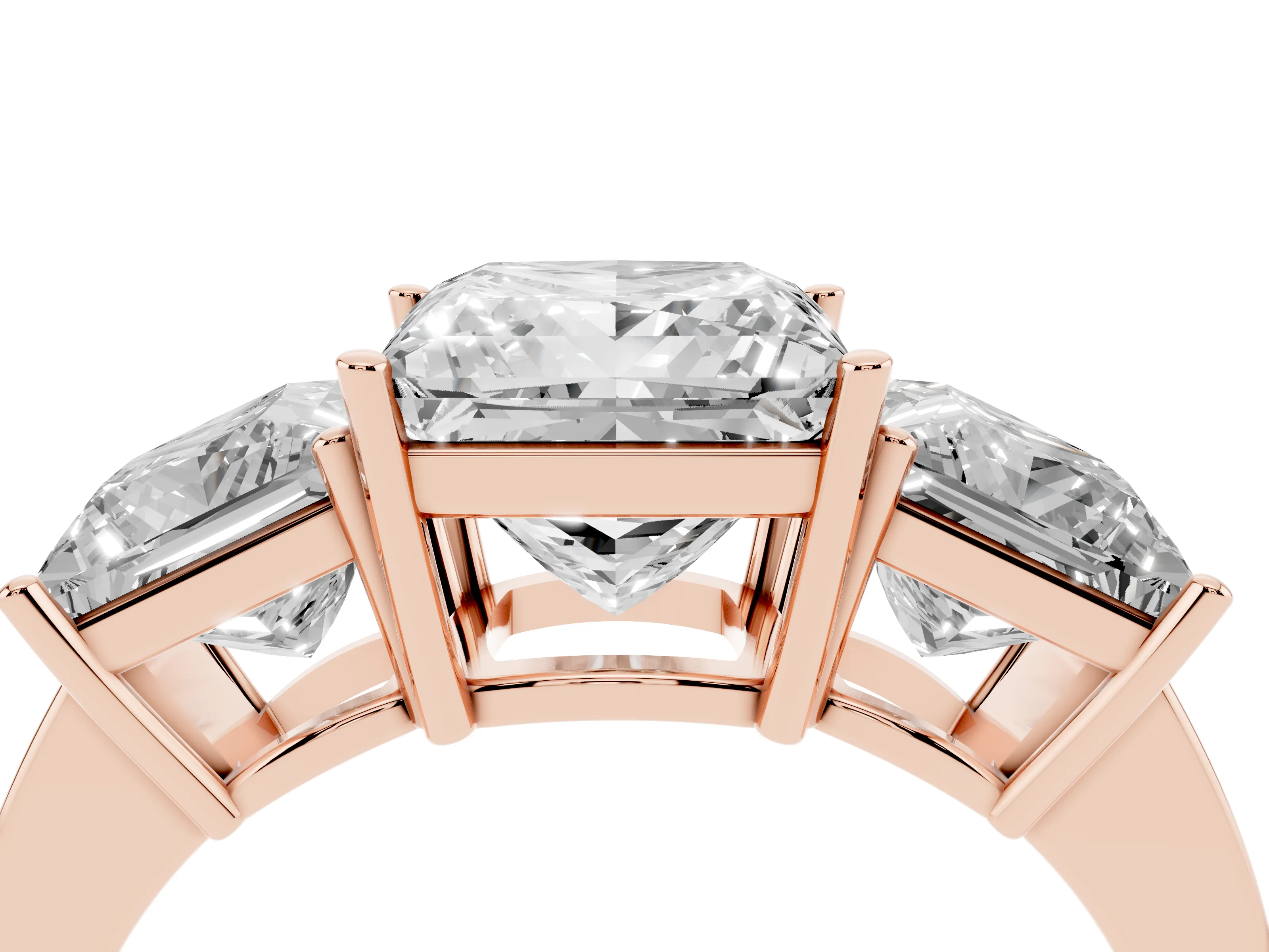 Princess Cut Diamond Three-Stone Engagement Ring Set in Rose gold with Flat Band