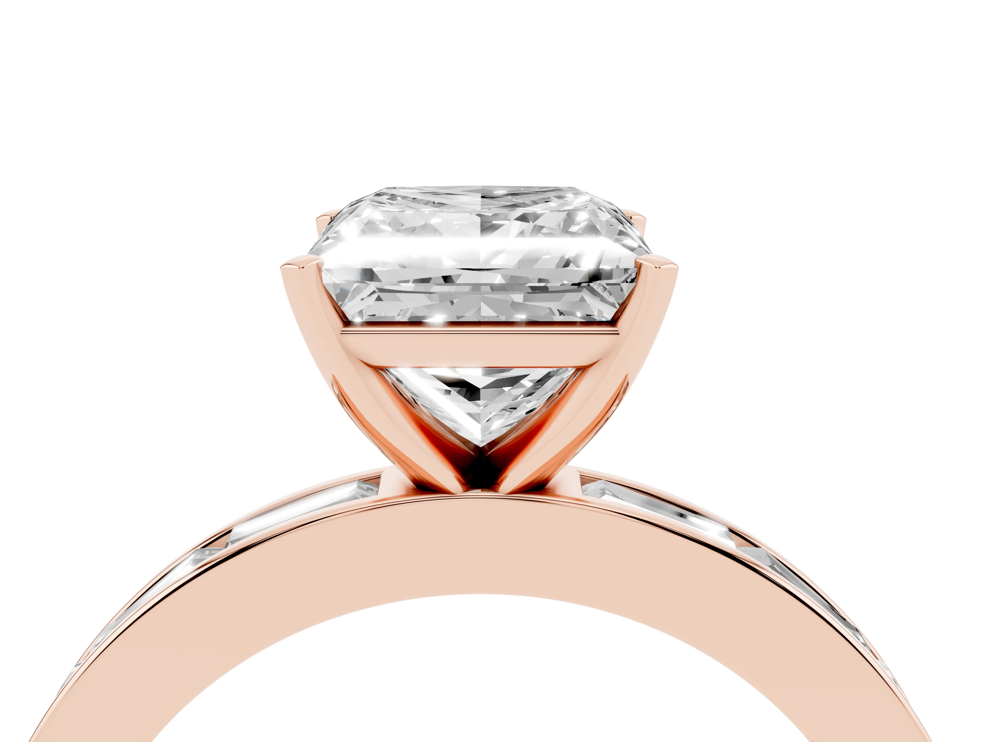Princess Cut Diamond Solitaire Ring Set in Rose gold with Channel-Set Baguette Band and Prong Setting