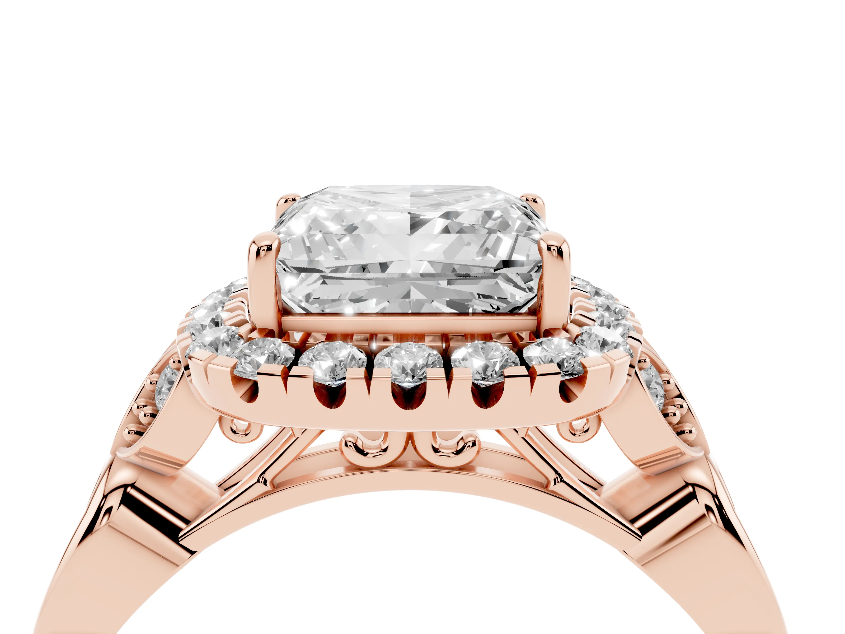 Princess Cut Diamond Halo Engagement Ring Set in Rose gold with Vintage-Inspired Band and Prong Setting