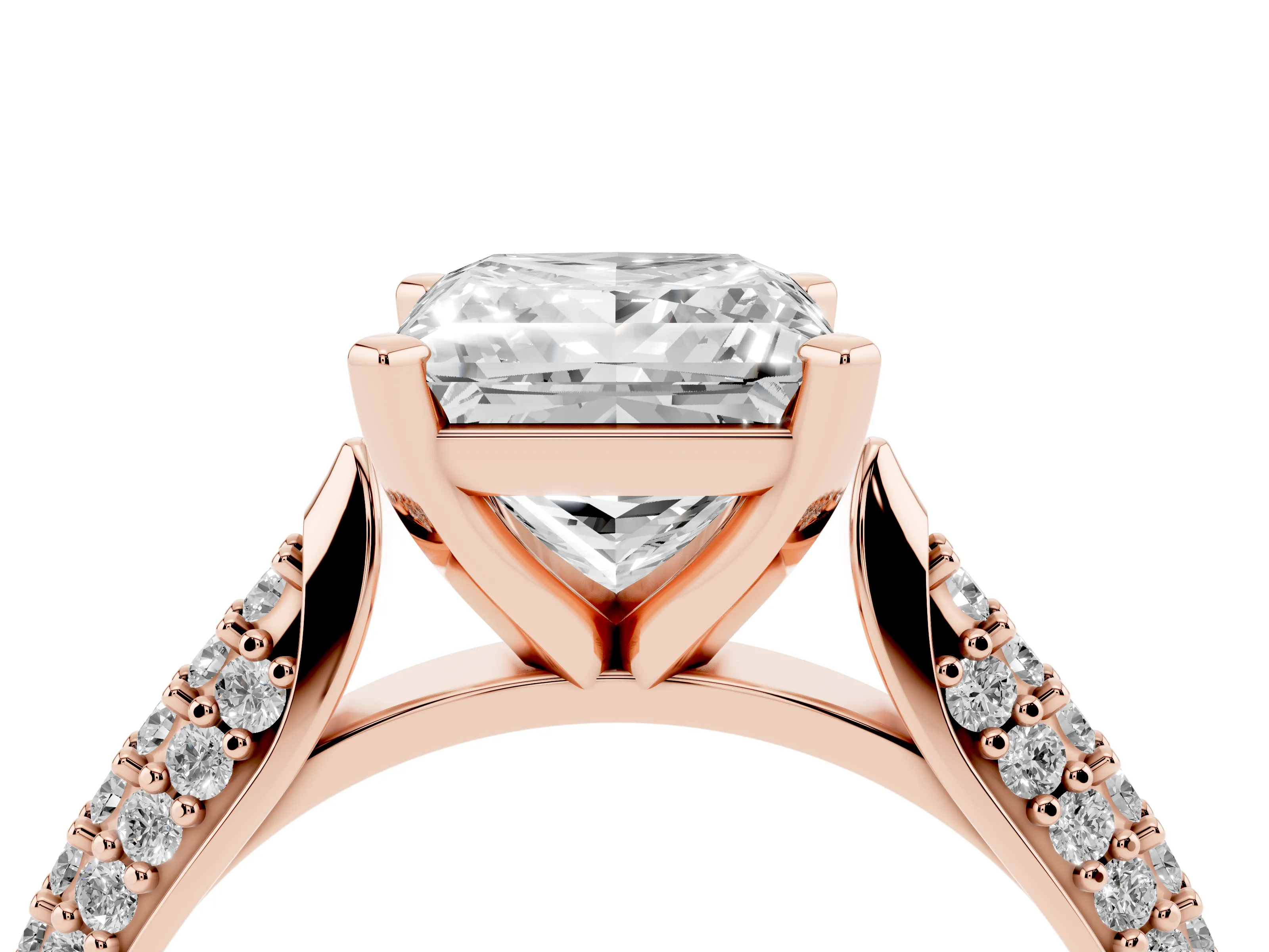 Princess Cut Diamond Solitaire Engagement Ring Set in Rose gold with Multi-Row Round Pavé Band and Prong Setting