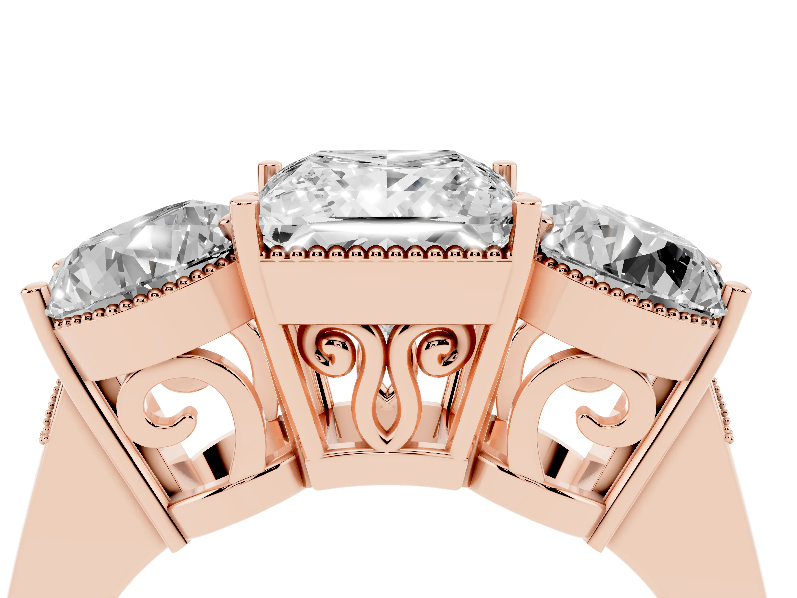 Princess Cut Diamond Three-Stone Engagement Ring Set in Rose gold with Polished Band