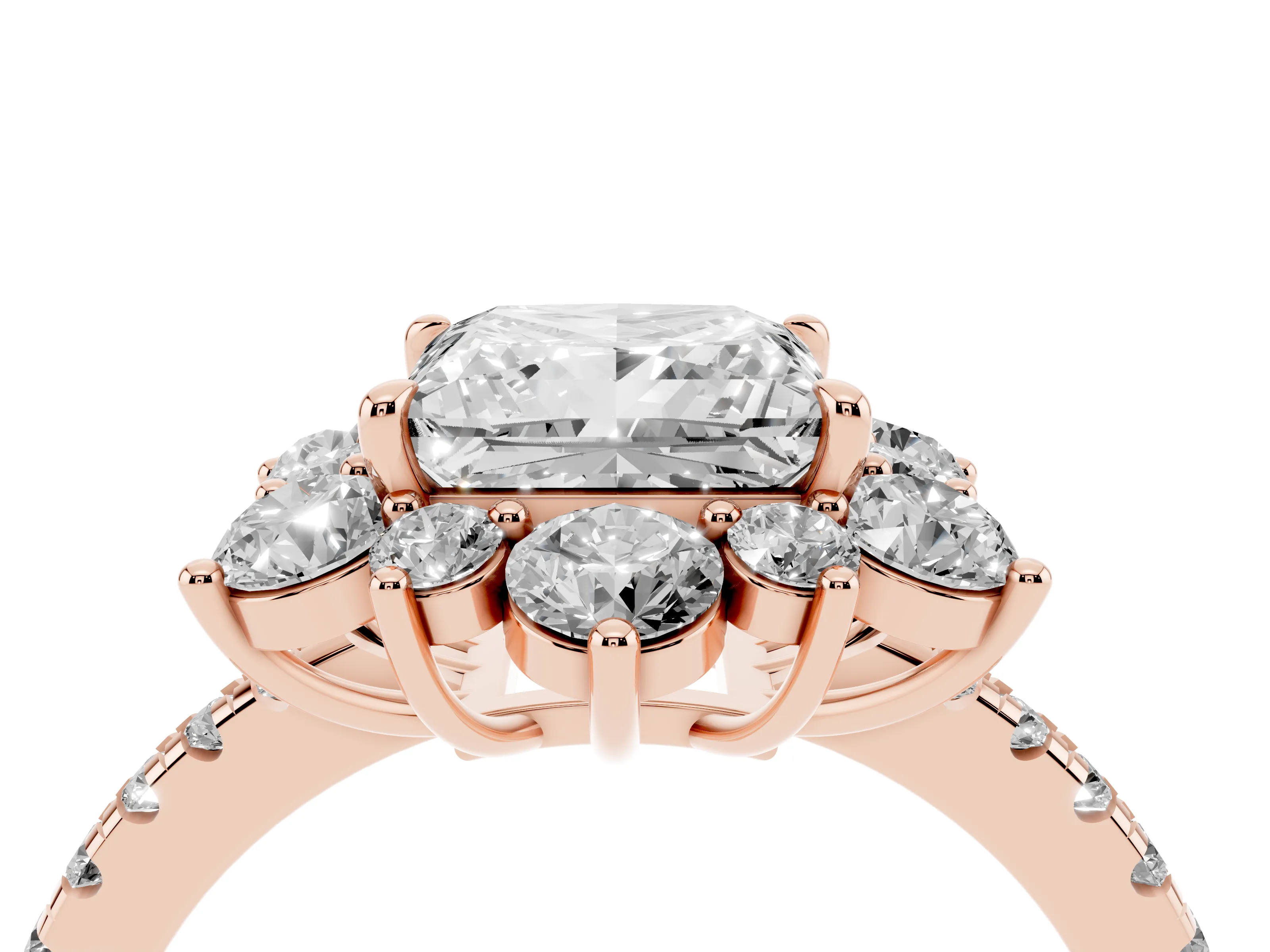 Princess Cut Diamond Floral Halo Ring Set in Rose gold with Round Pavé Band and Prong Setting