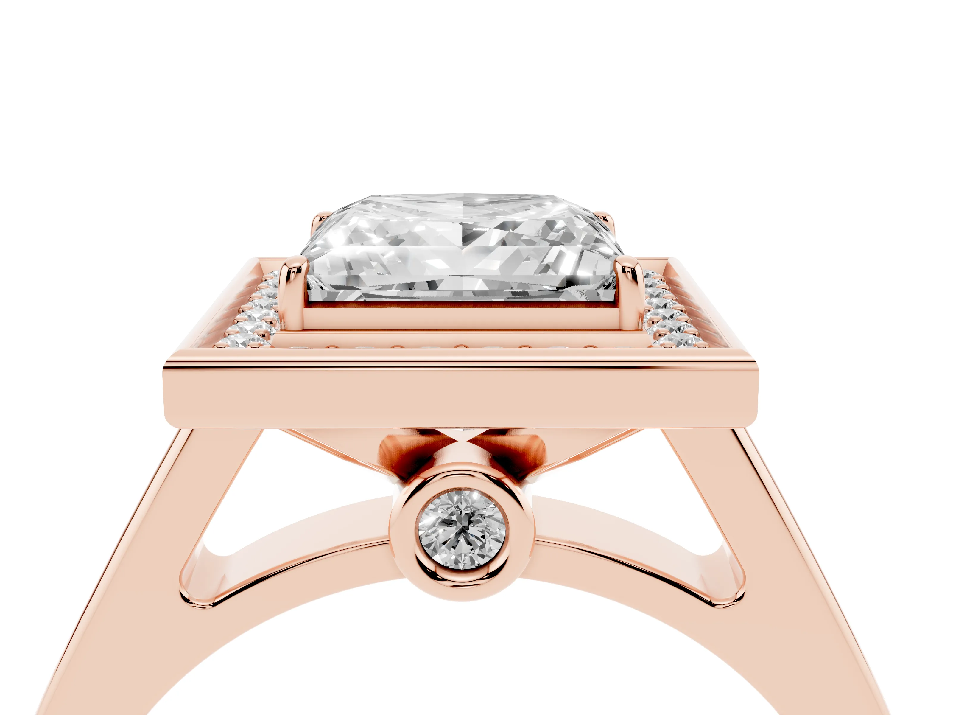 Princess Cut Diamond Halo Solitaire Ring Set in Rose gold with Pavé Band and Bezel Setting