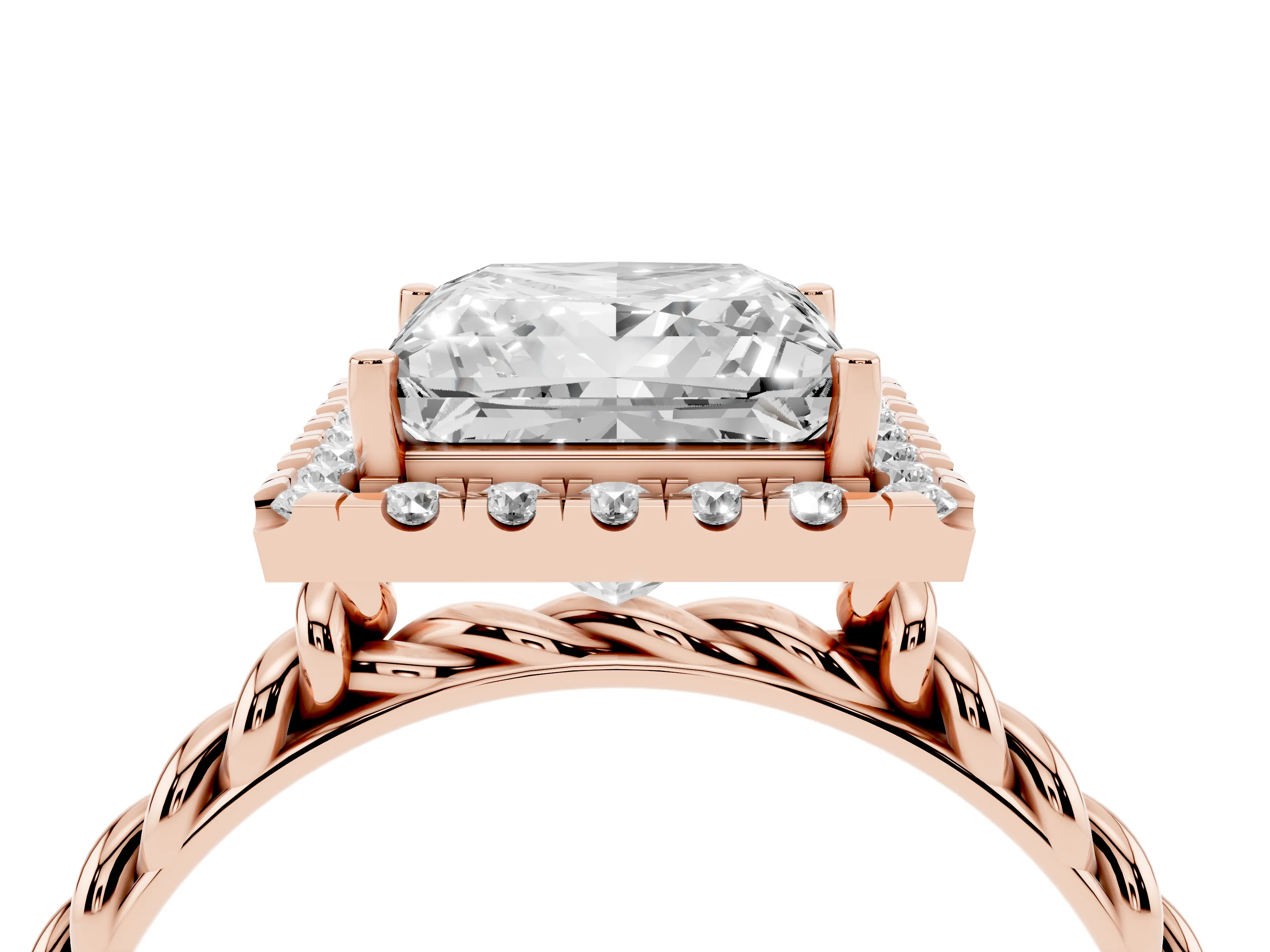 Princess Cut Diamond Halo Ring Set in Rose gold with Plain Twisted Band