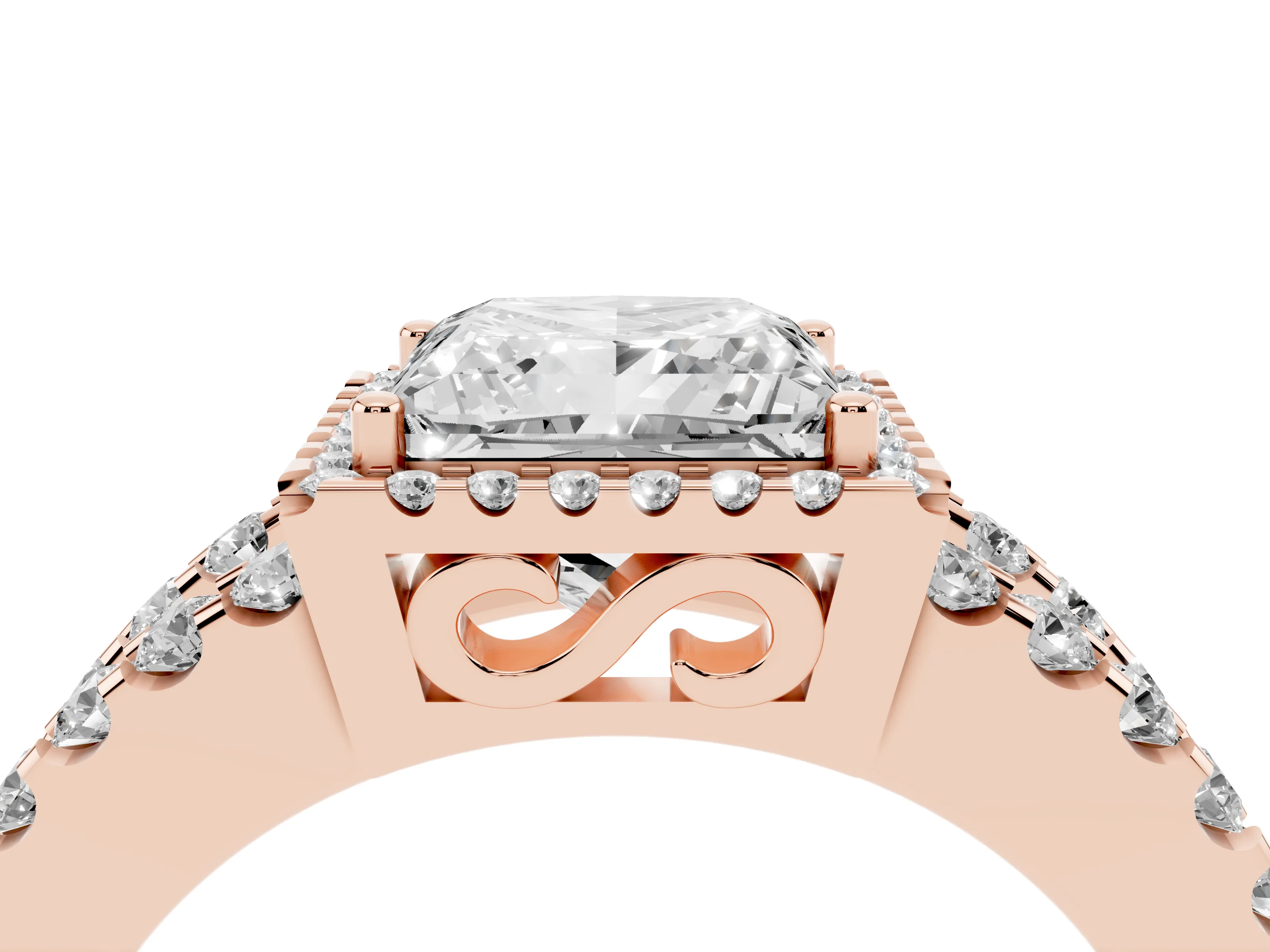 Princess Cut Diamond Halo Ring Set in Rose gold with Pavé Split Shank and Prong Setting
