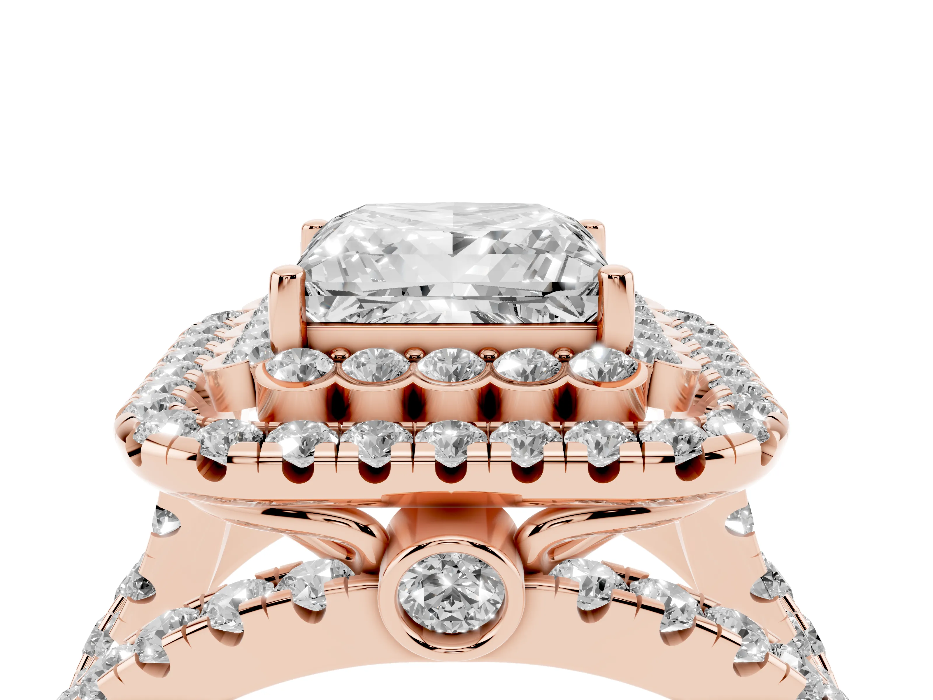 Princess Cut Diamond Double Halo Ring Set in Rose gold with Round Pavé Split Shank