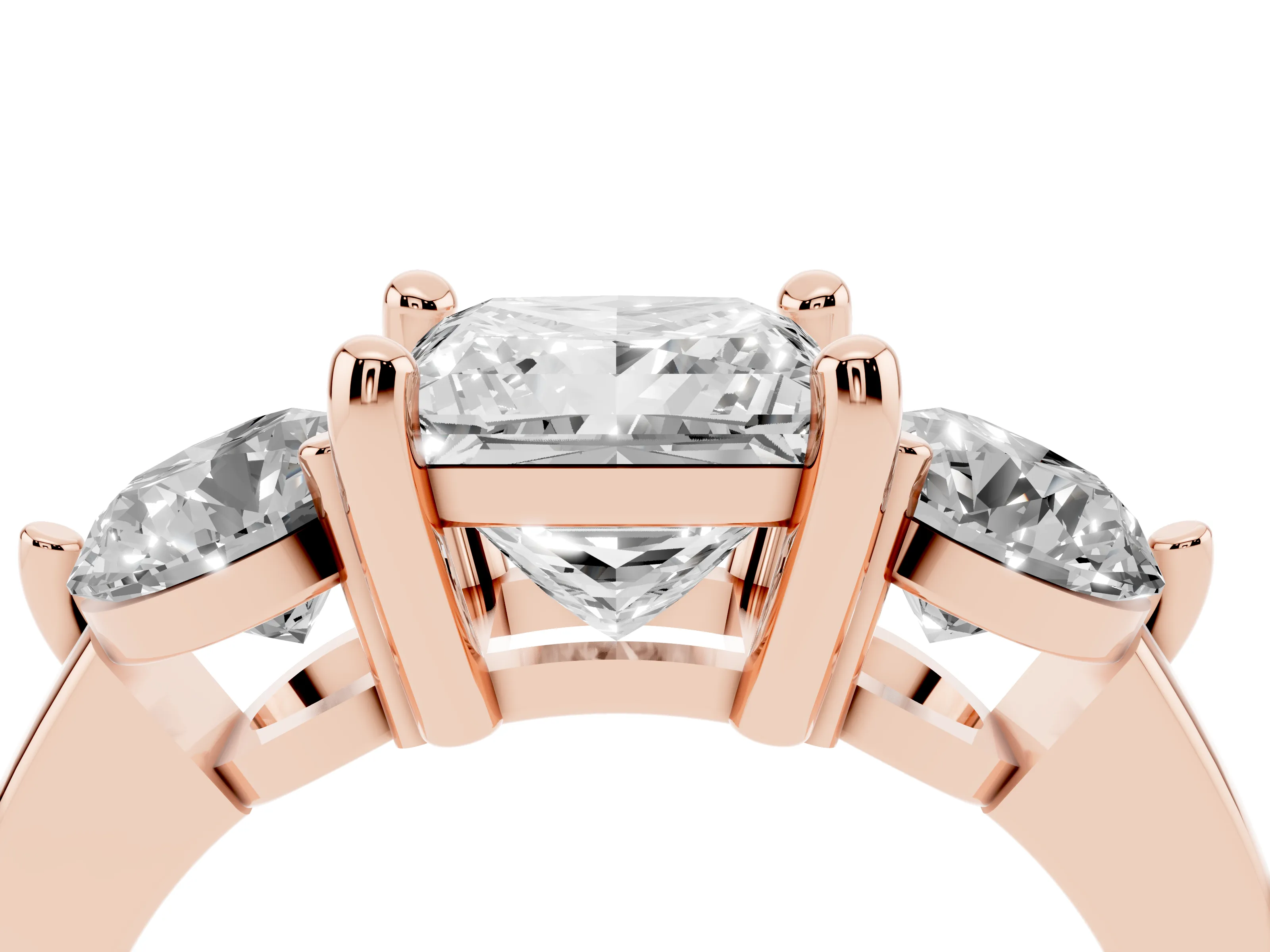 Princess Cut Diamond Three-Stone Ring Set in Rose gold with Prong Setting and Classic Band