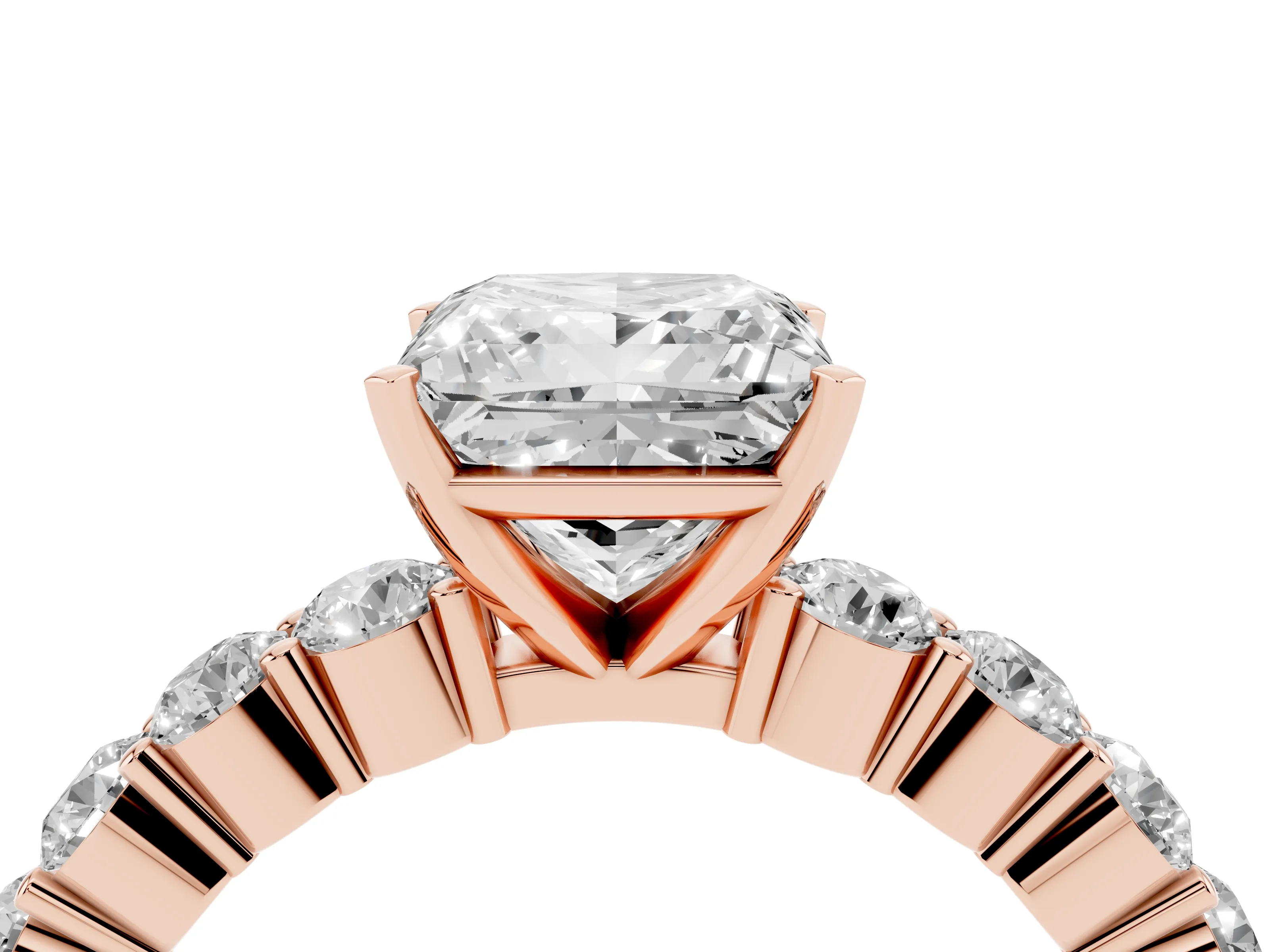 Princess Cut Diamond Solitaire Ring Set in Rose gold with Shared Prong Round Side Stones
