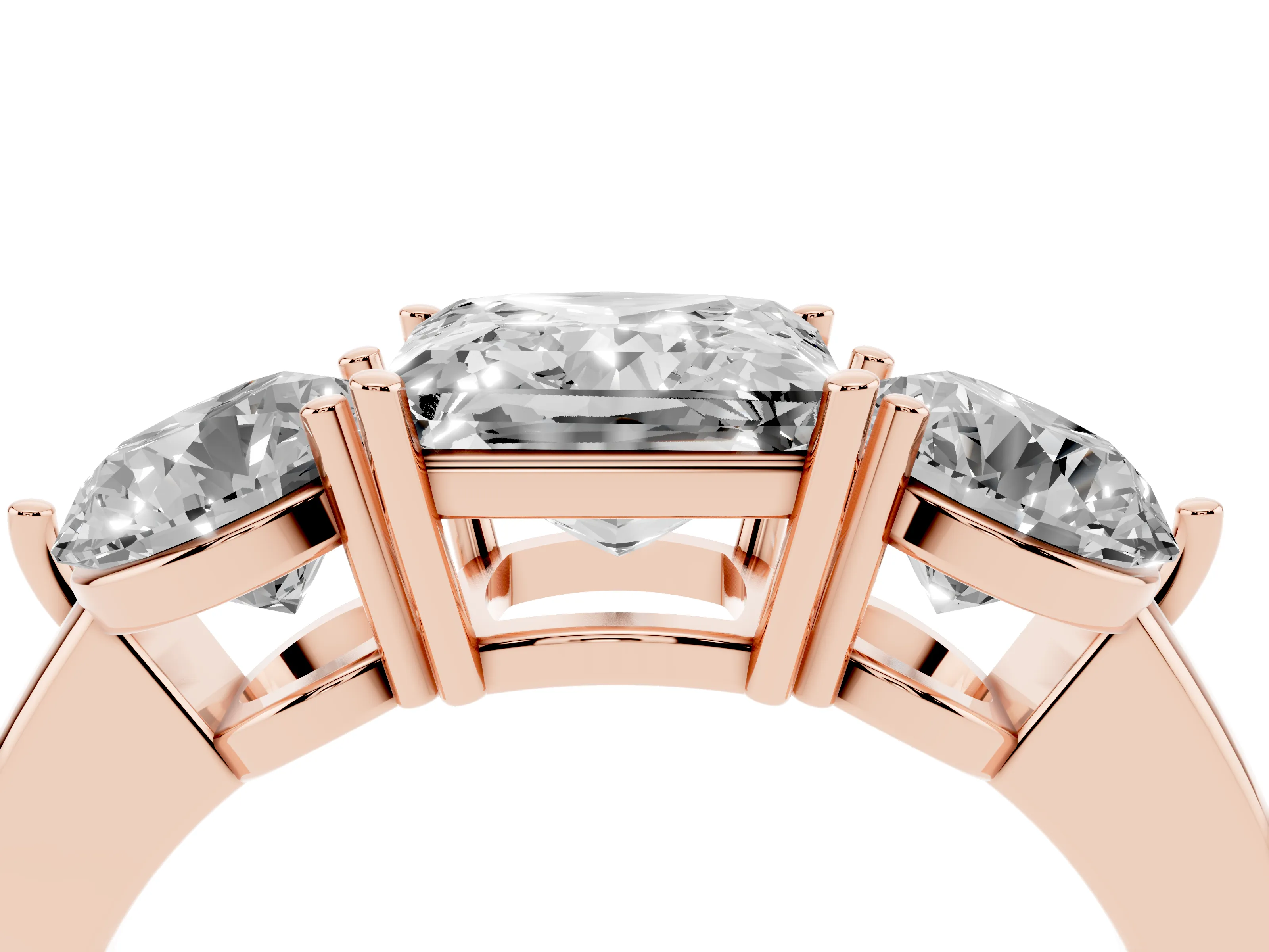 Princess Cut Diamond Three-Stone Ring Set in Rose gold with Prong Setting and Plain Band