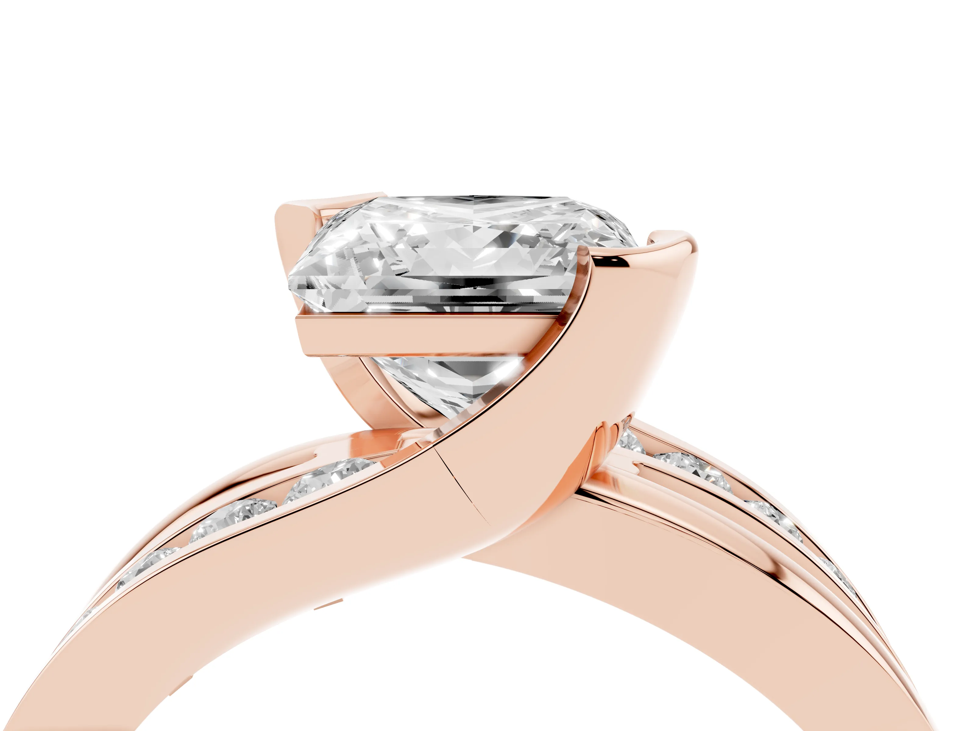 Princess Cut Diamond Solitaire Ring Set in Rose gold with Channel Set Split Shank and Tension Prongs