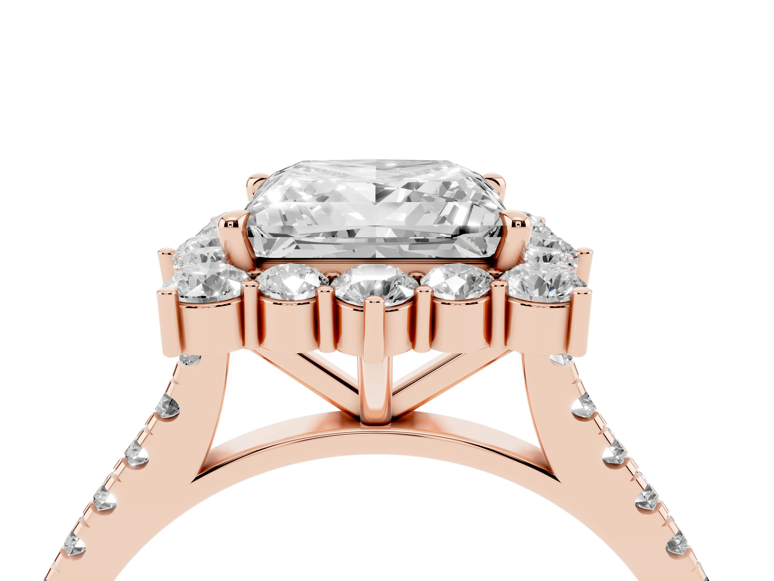 Princess Cut Diamond Halo Ring Set in Rose gold with Pavé Band and Prong Setting