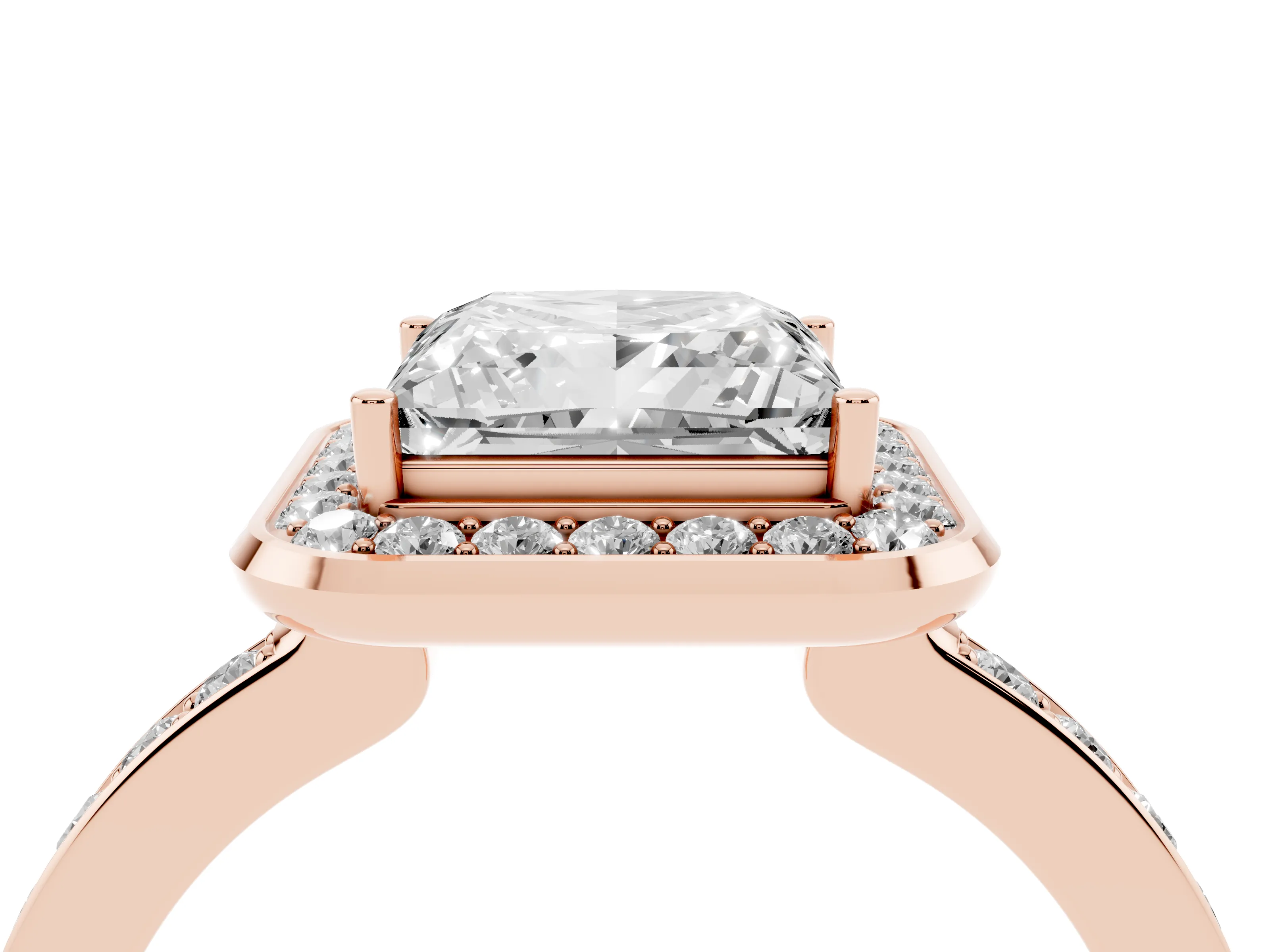 Princess Cut Diamond Halo Ring Set in Rose gold with Bezel Frame and Pavé Band