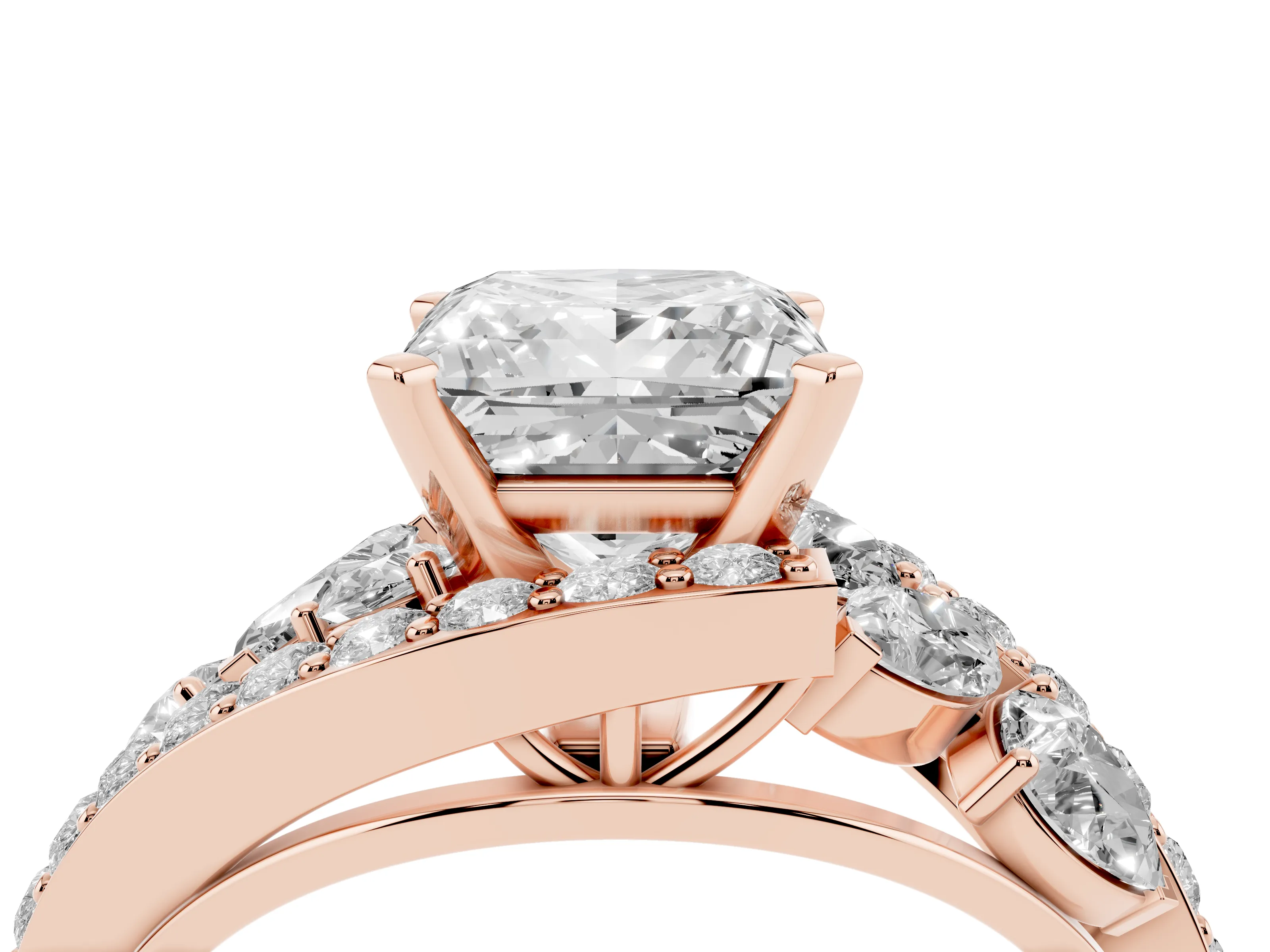 Princess Cut Diamond Halo Ring Set in Rose gold with Marquise and Pavé Band in Prong Setting