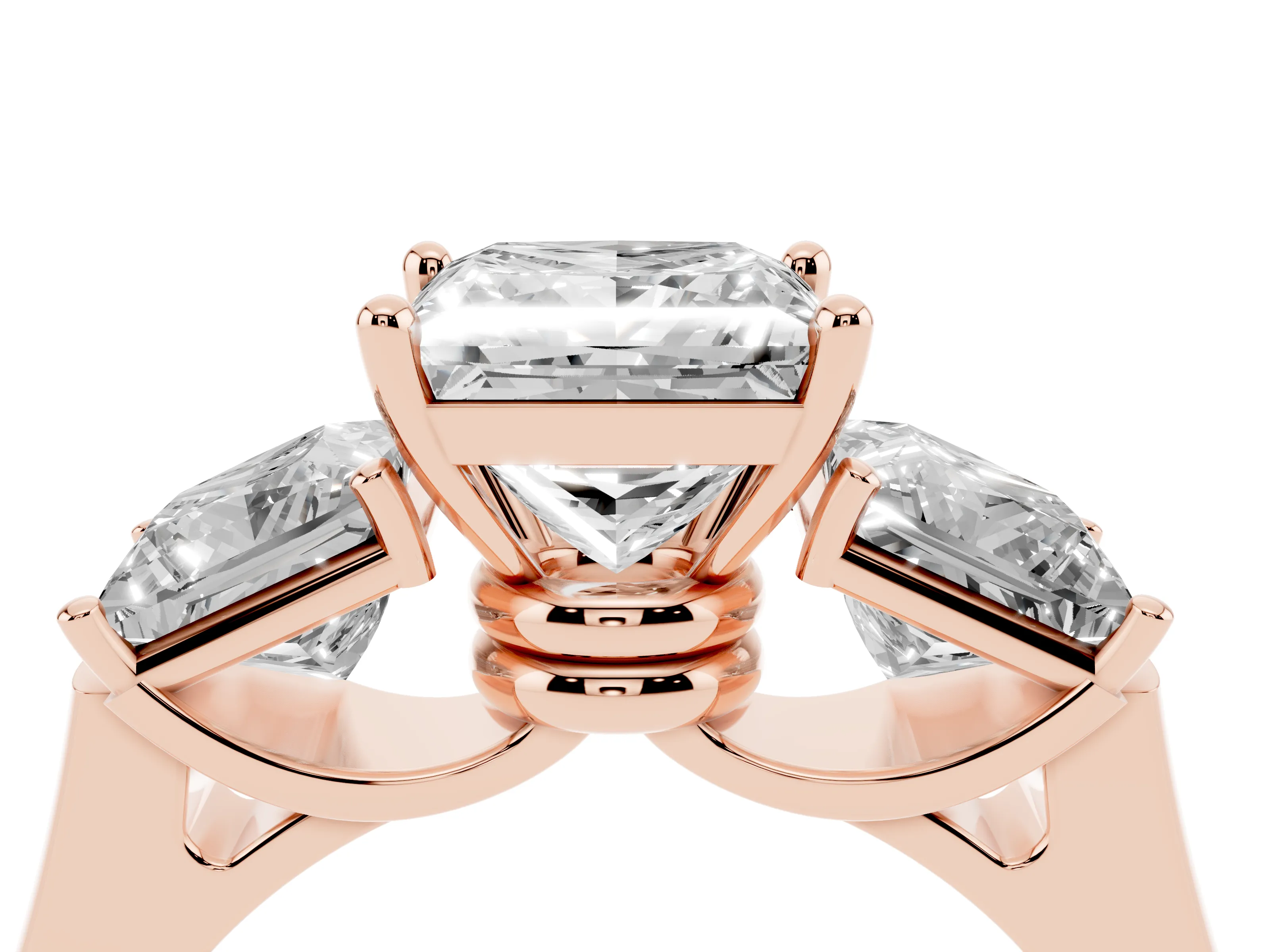 Princess Cut Diamond Three-Stone Trellis Ring Set in Rose gold with Comfort Fit Band