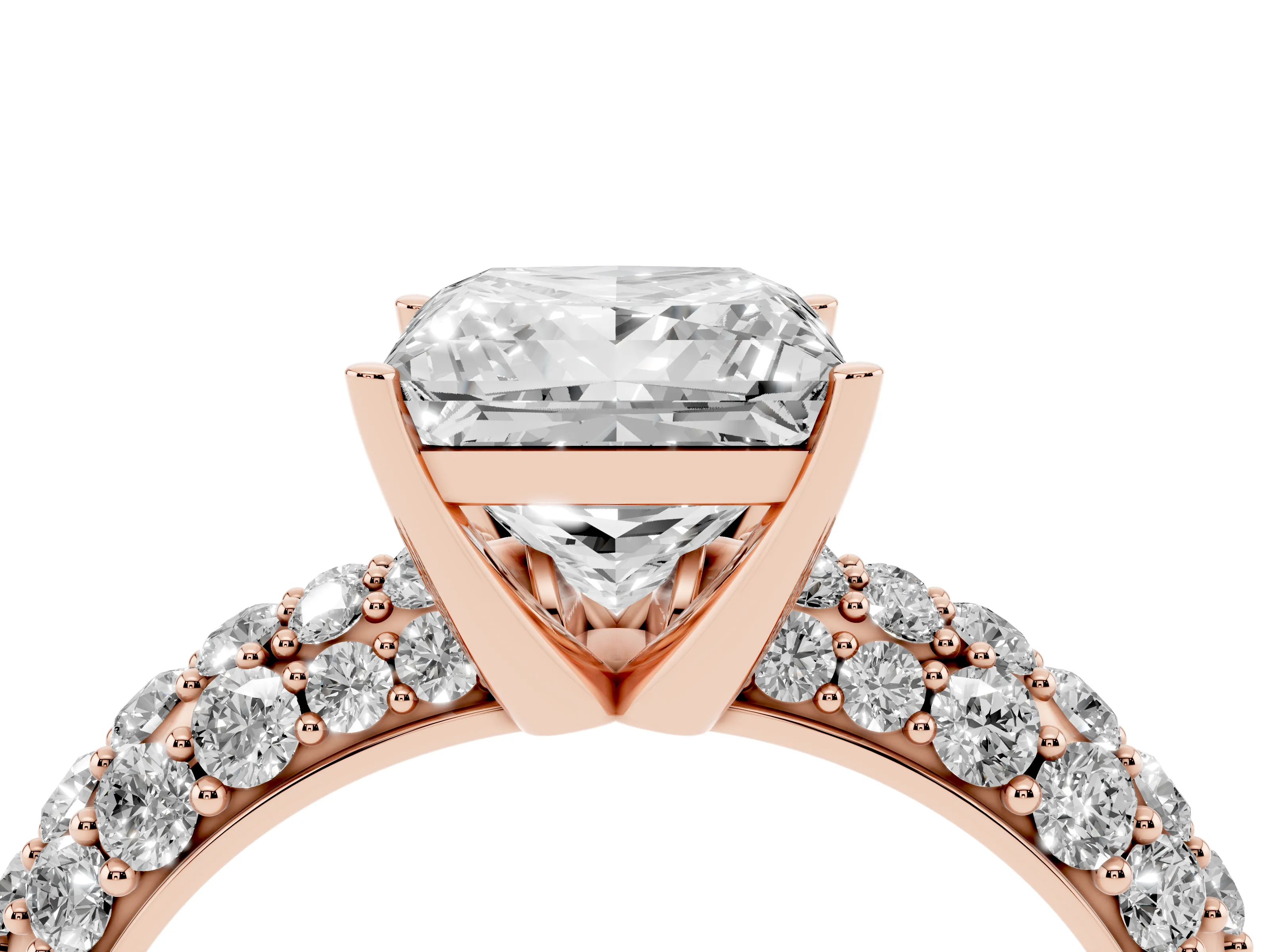 Princess Cut Diamond Pavé Band Solitaire Ring Set in Rose gold with Close-Set Accent Stones and Prong Setting