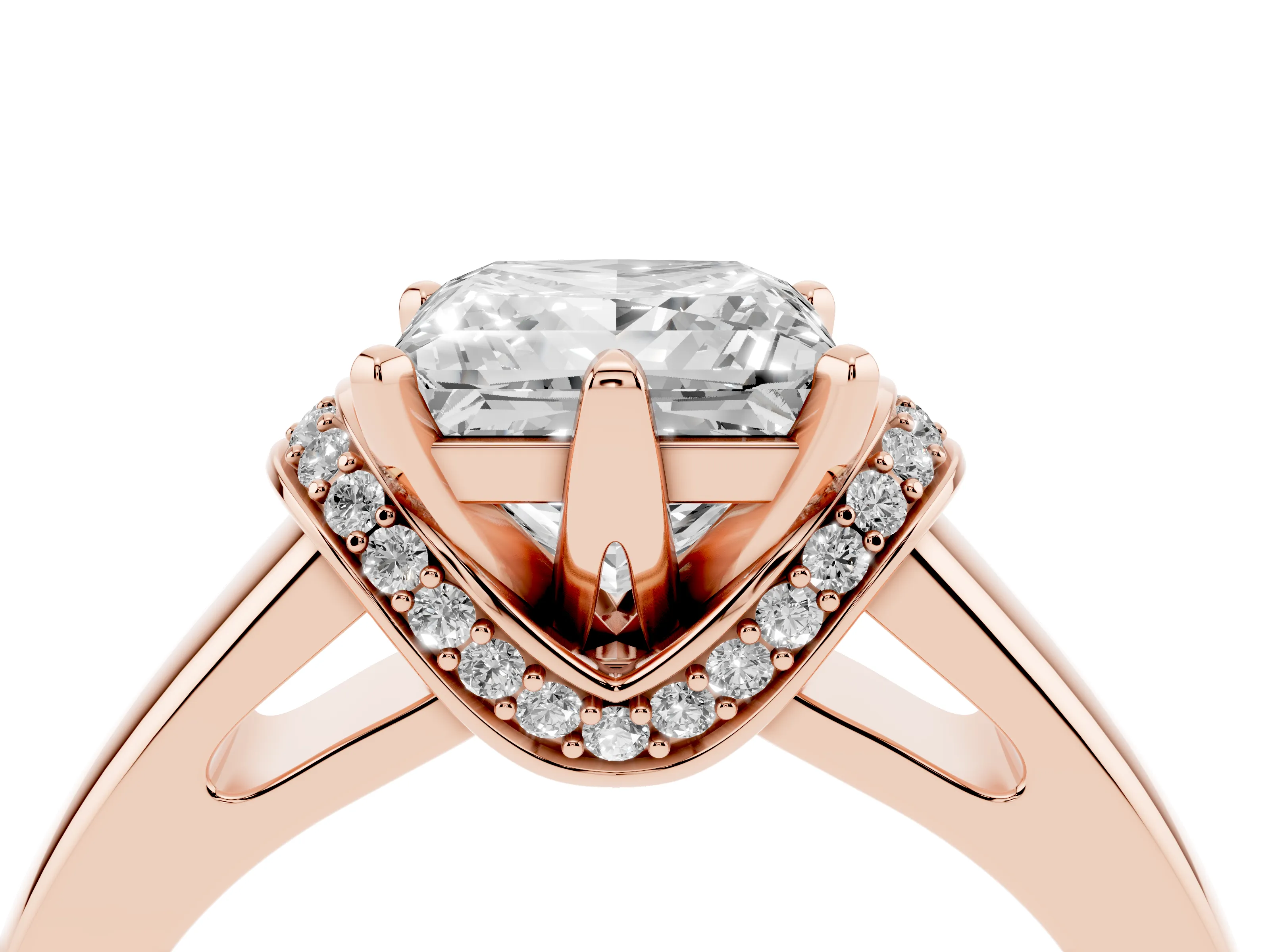 Princess Cut Diamond Pavé Band Solitaire Ring Set in Rose gold with Prong Setting