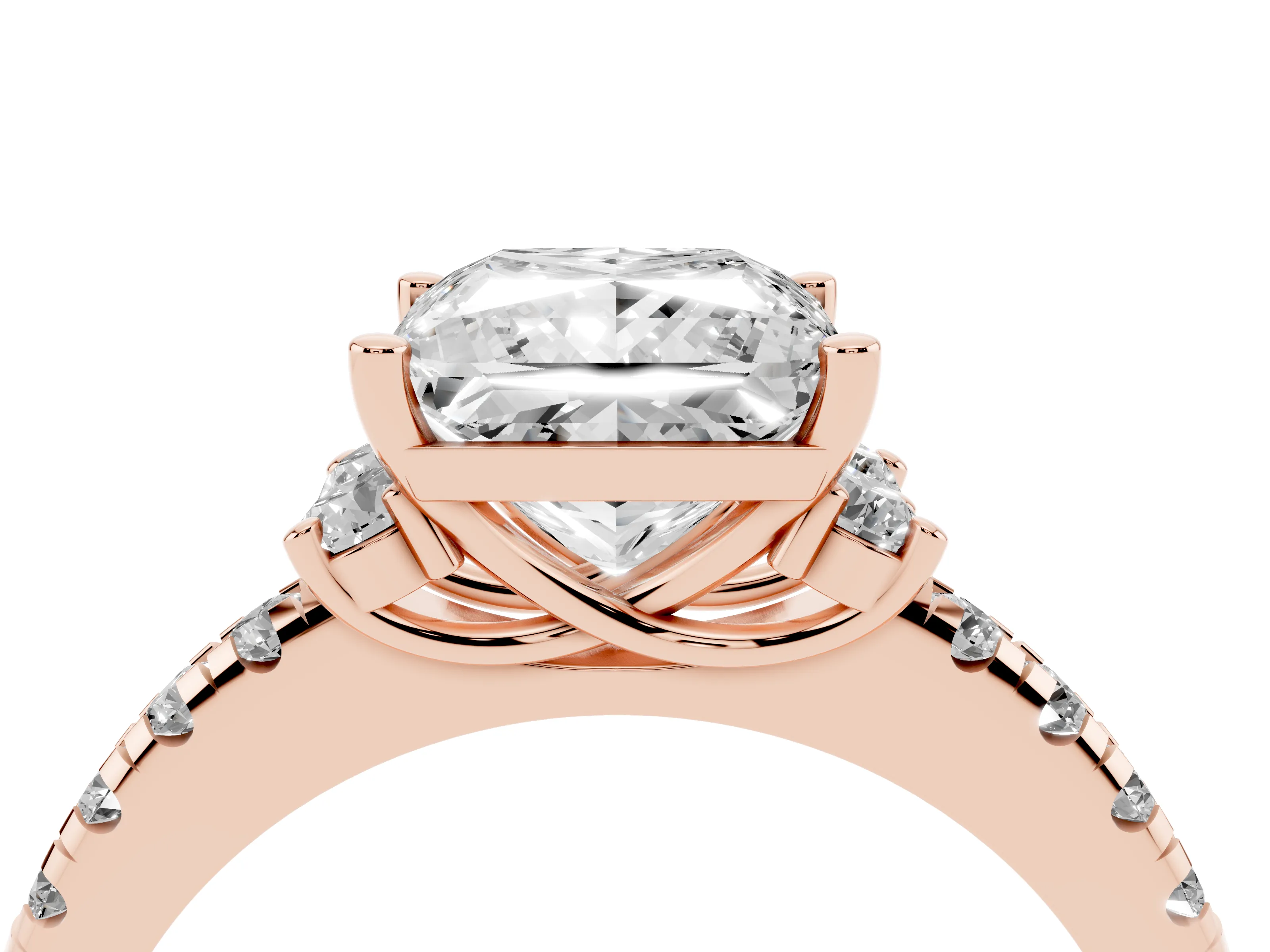 Princess Cut Diamond Three-Stone Pavé Ring Set in Rose gold with Prong Setting