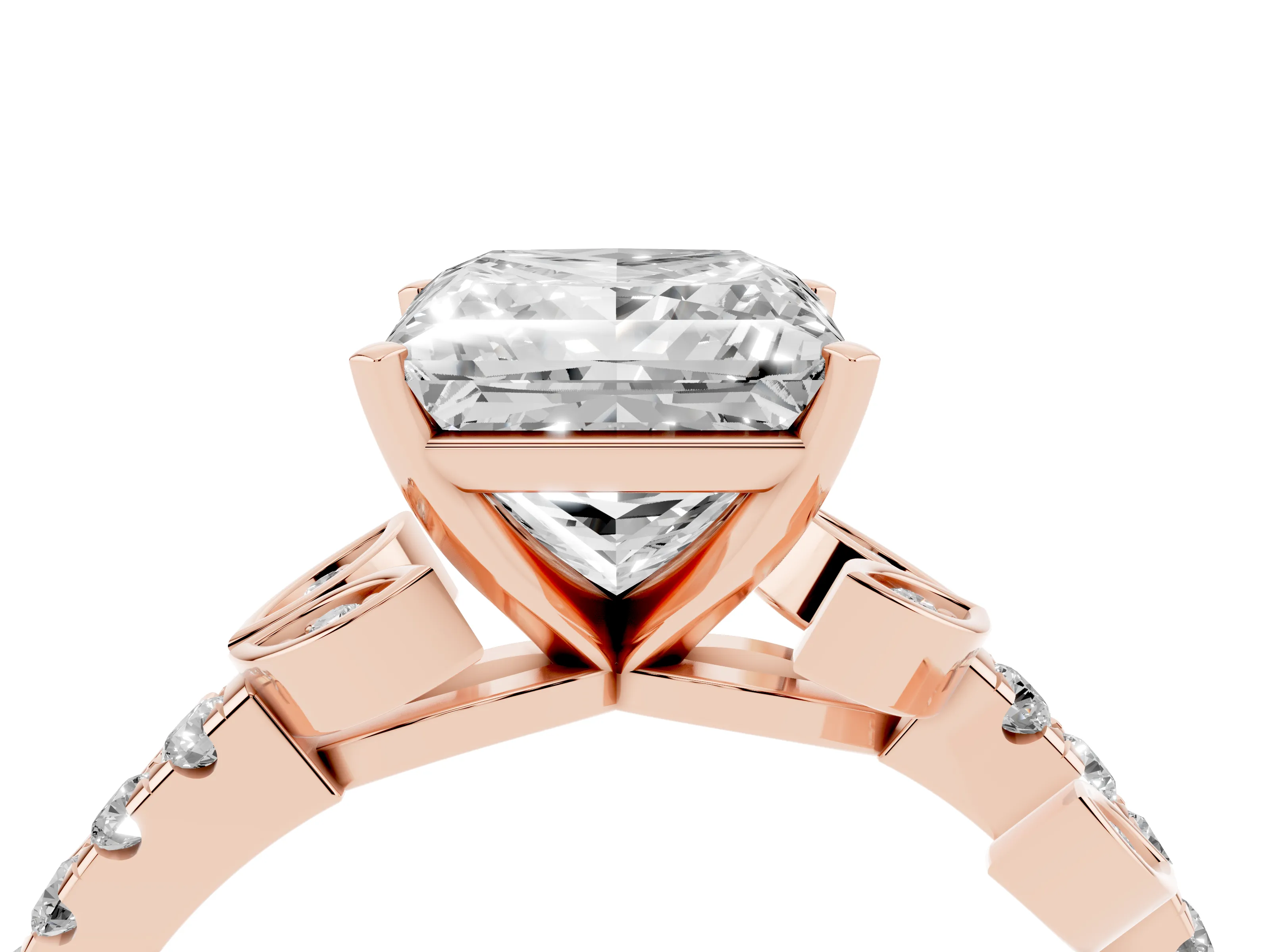 Princess Cut Diamond Solitaire Leaf-Inspired Ring Set in Rose gold with Pavé Band and Prong Setting