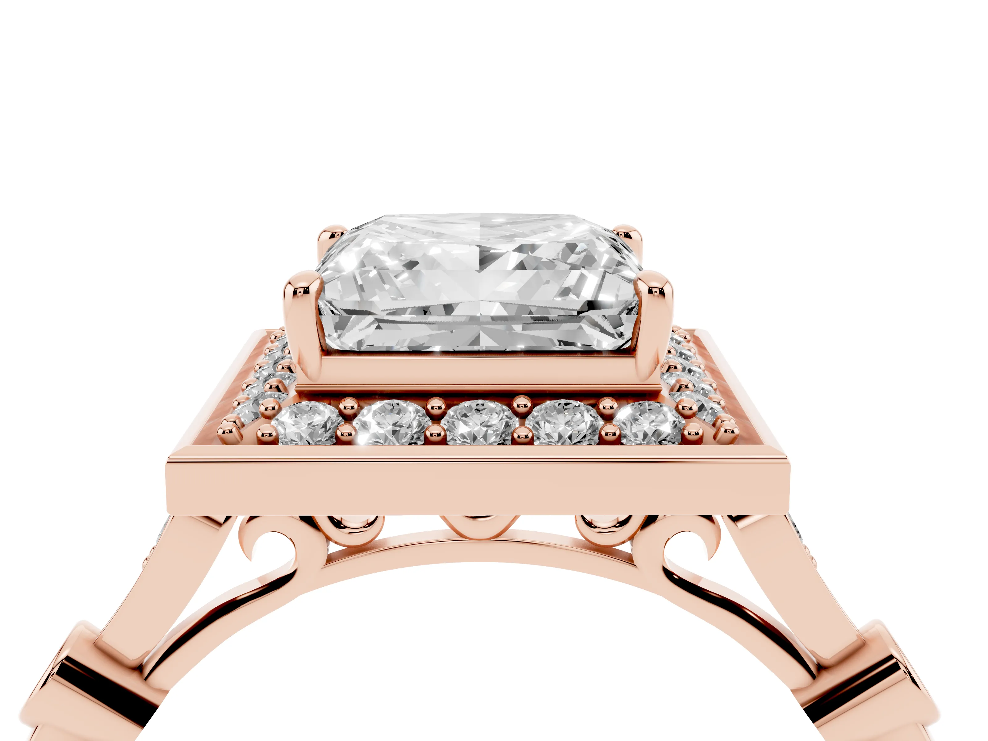 Princess Cut Diamond Halo Engagement Ring Set in Rose gold with Twisted Band and Prong Setting