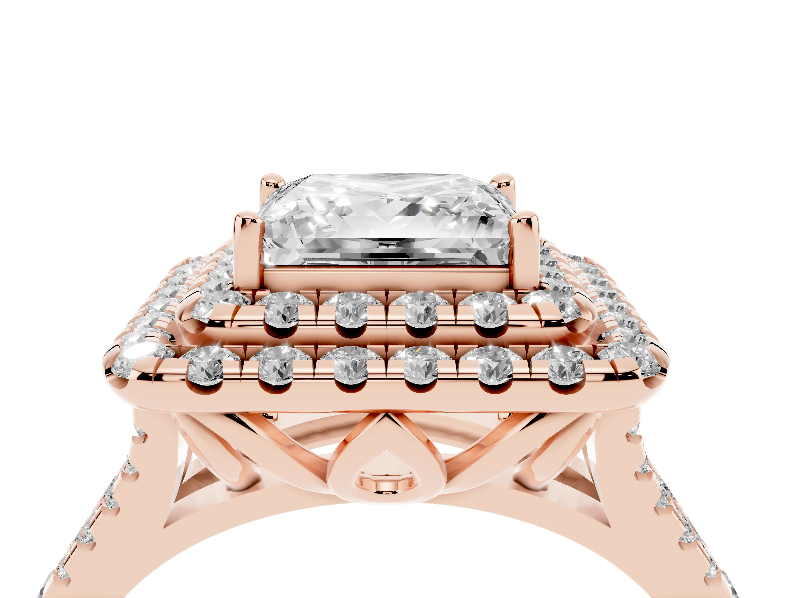 Princess Cut Diamond Double Halo Ring Set in Rose gold with Pavé Split Shank and Prong Setting