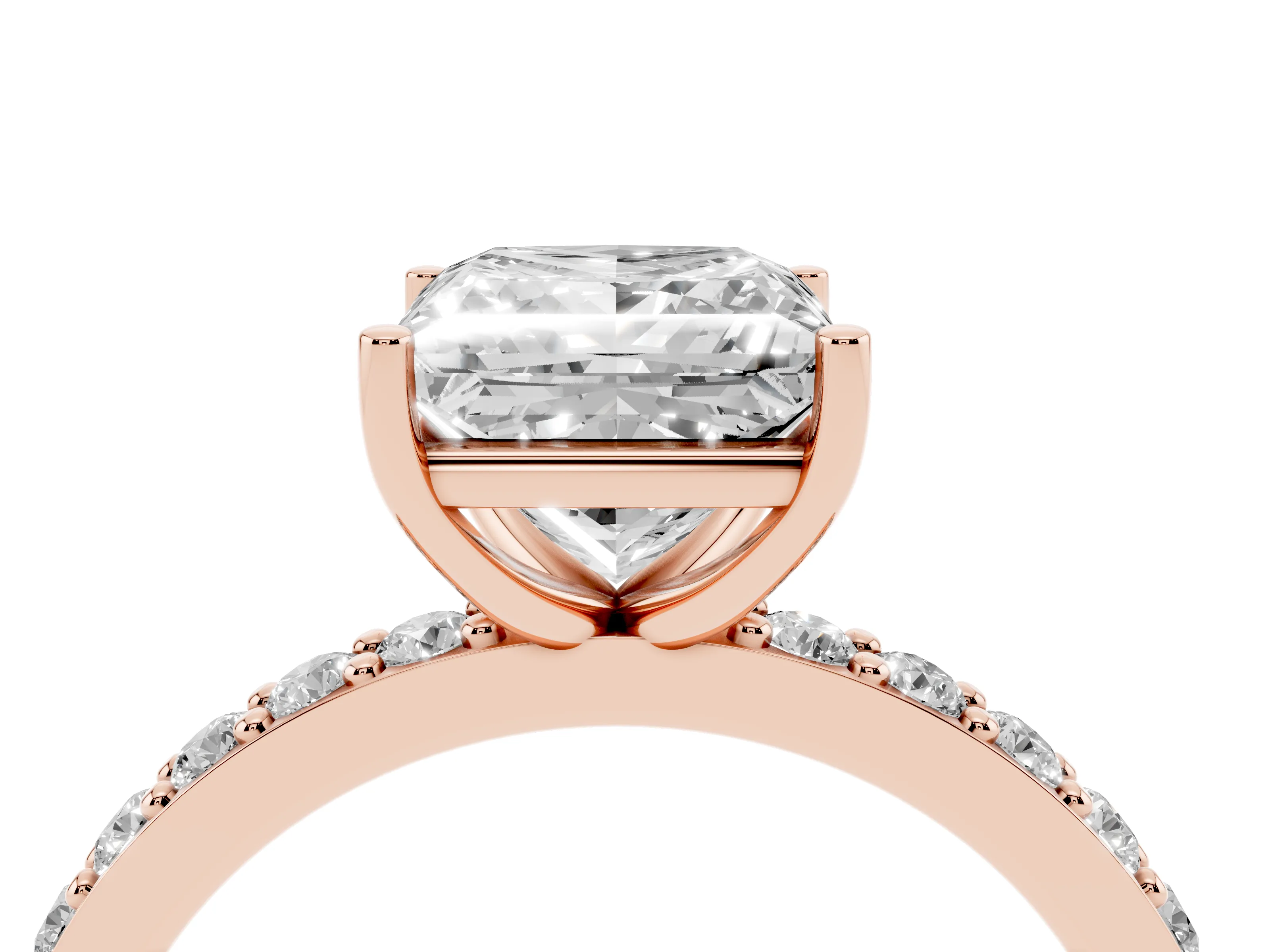 Princess Cut Diamond Solitaire Set in Rose gold with Round Pavé Band and Prong Setting