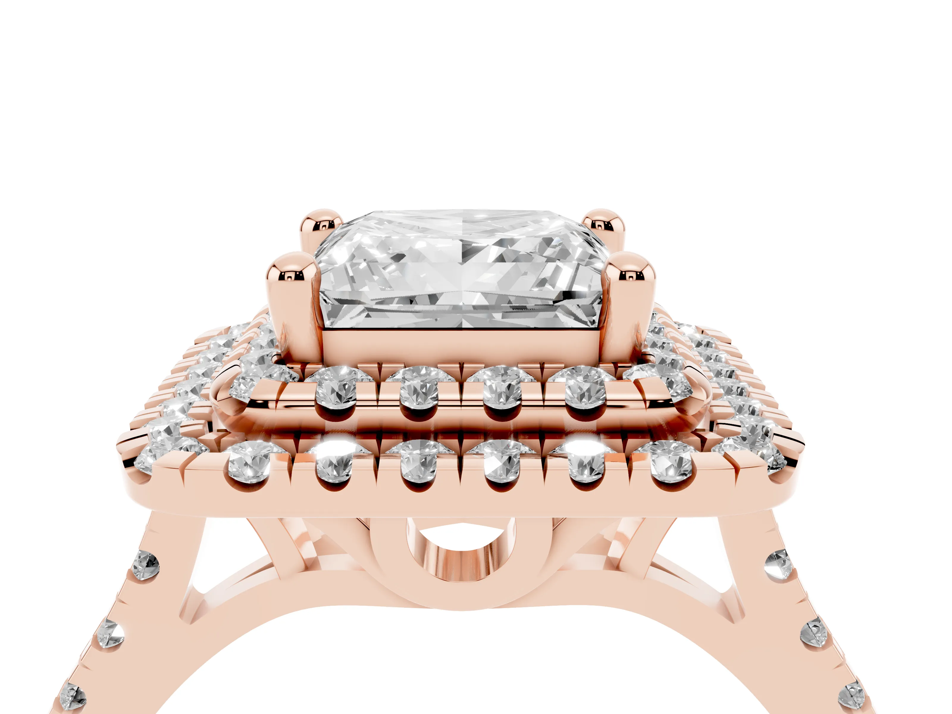 Princess Cut Diamond Double Halo Statement Ring Set in Rose gold with Pavé Band
