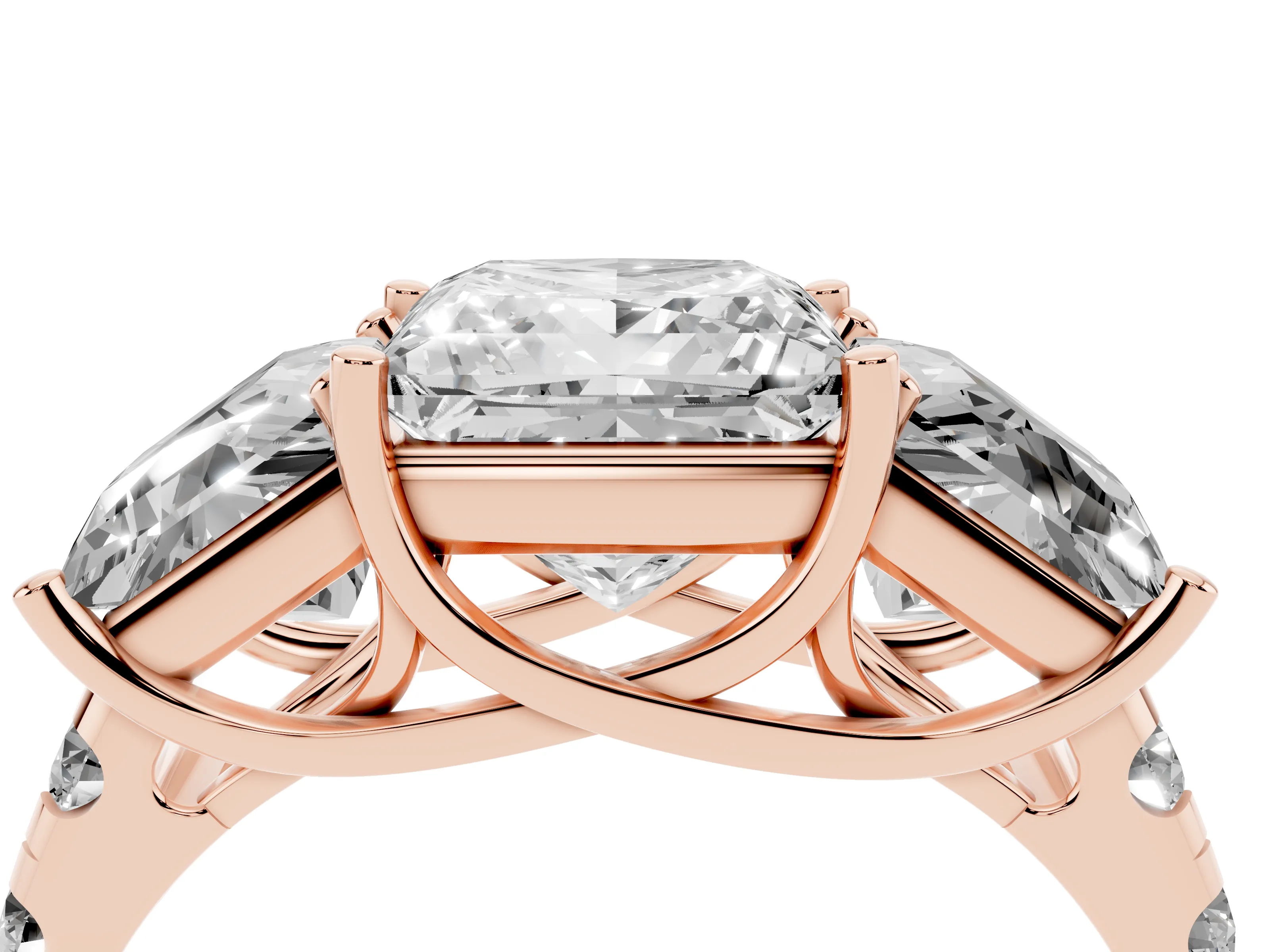 Princess Cut Diamond Three-Stone Ring Set in Rose gold with Pavé Band