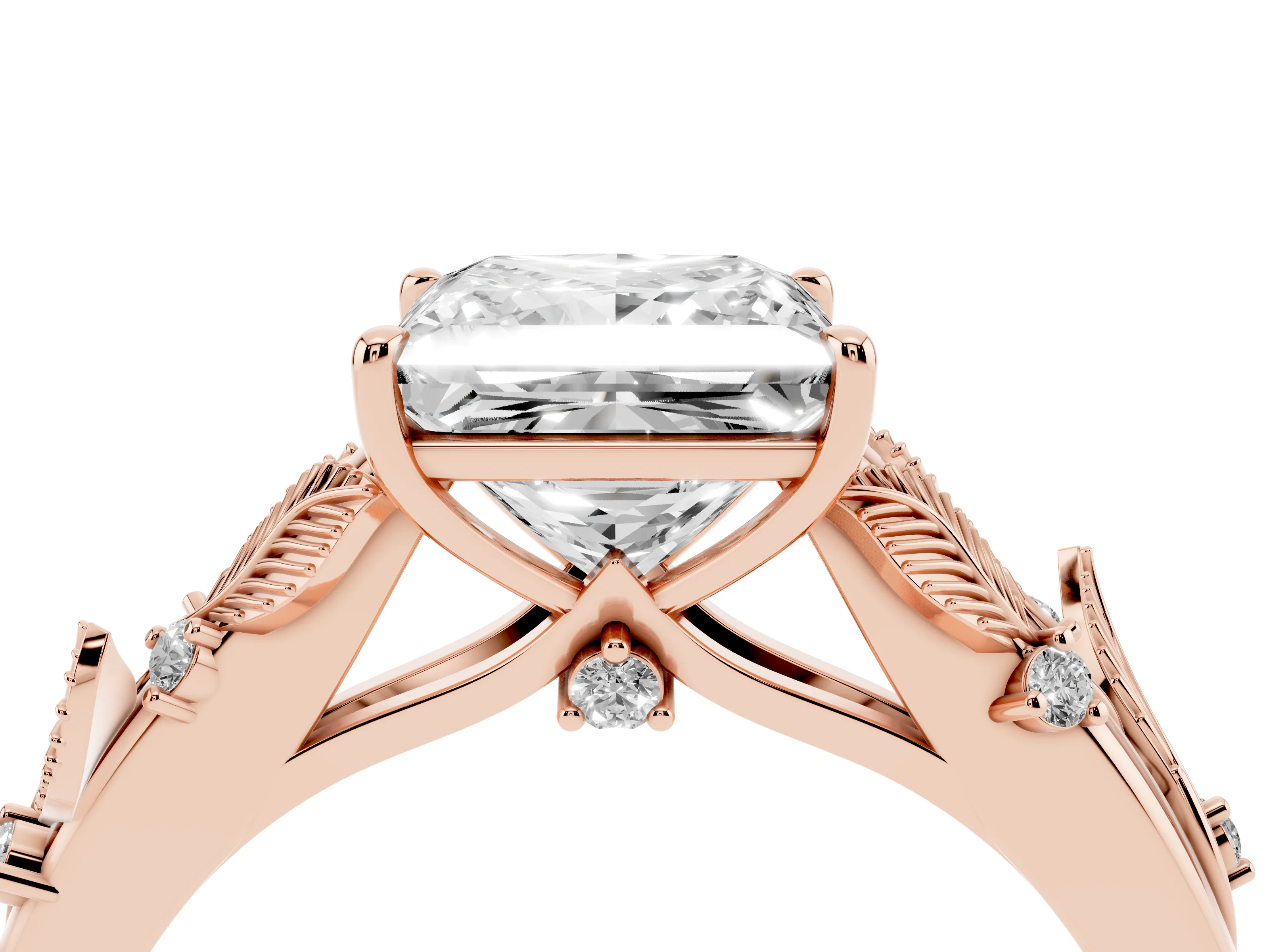 Princess Cut Diamond Solitaire Ring Set in Rose gold with Leaf Motif Band