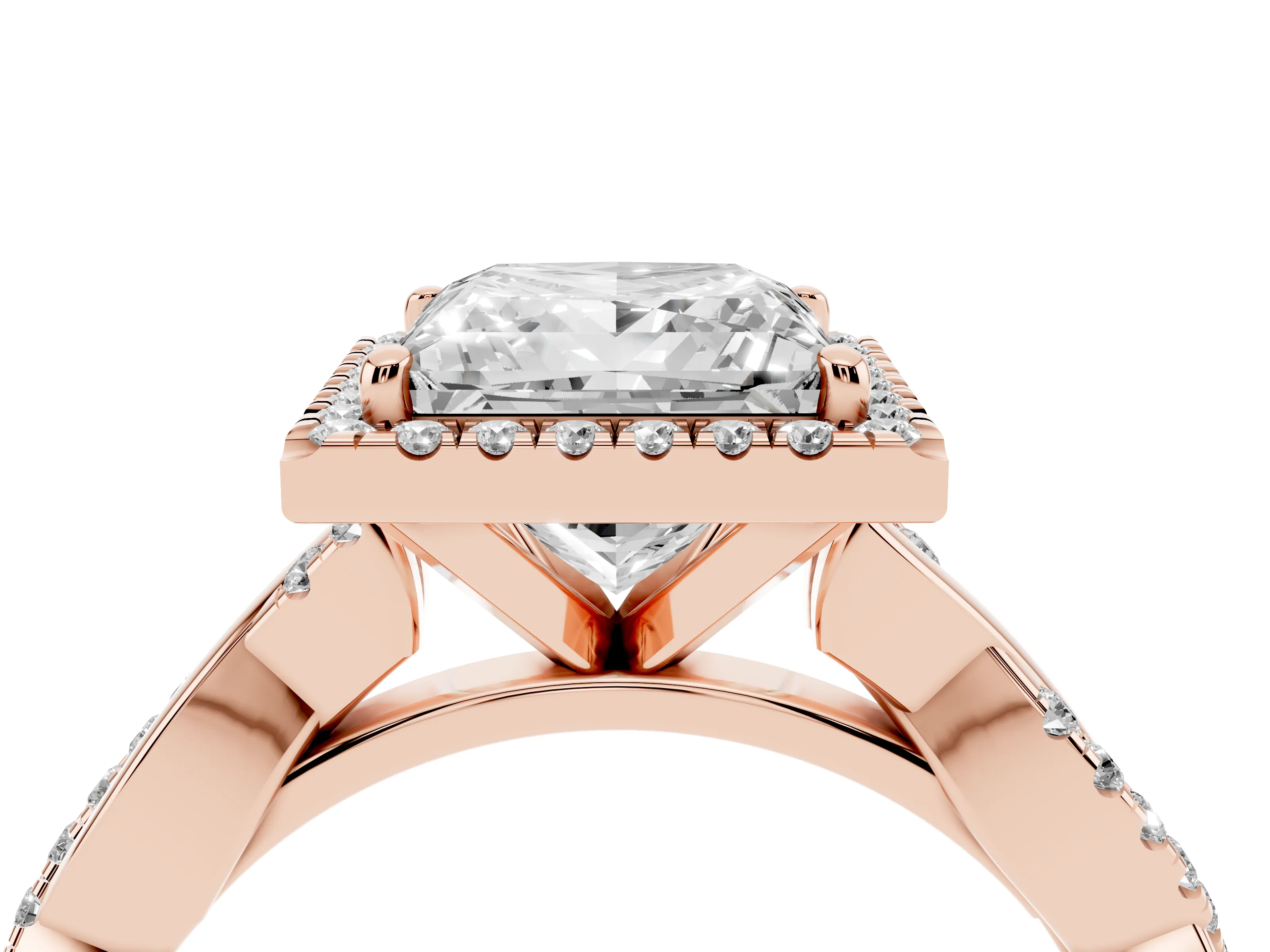 Princess Cut Diamond Halo Twisted Band Ring Set in Rose gold with Prong Setting