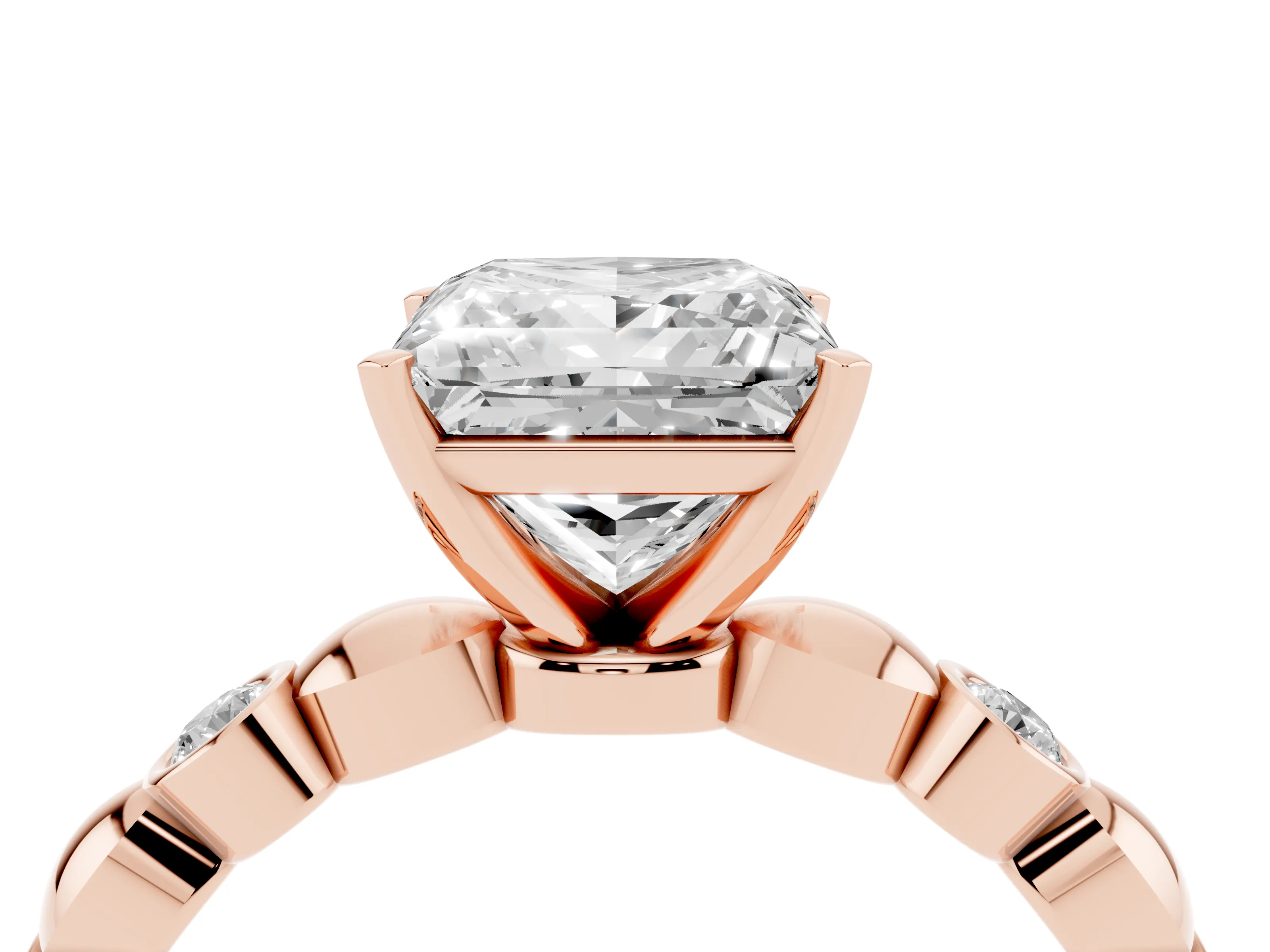 Princess Cut Diamond Solitaire Ring Set in Rose gold with Bezel-Set Accents on Beaded Band and Prong Setting