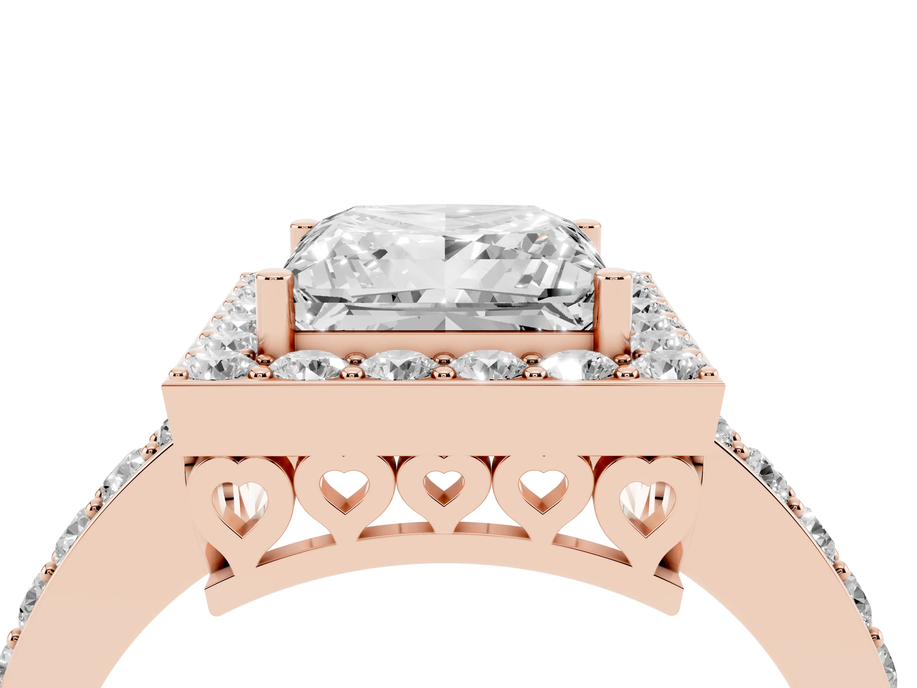 Princess Cut Diamond Halo Ring Set in Rose gold with Pavé-Setting Band and Open Prong Center