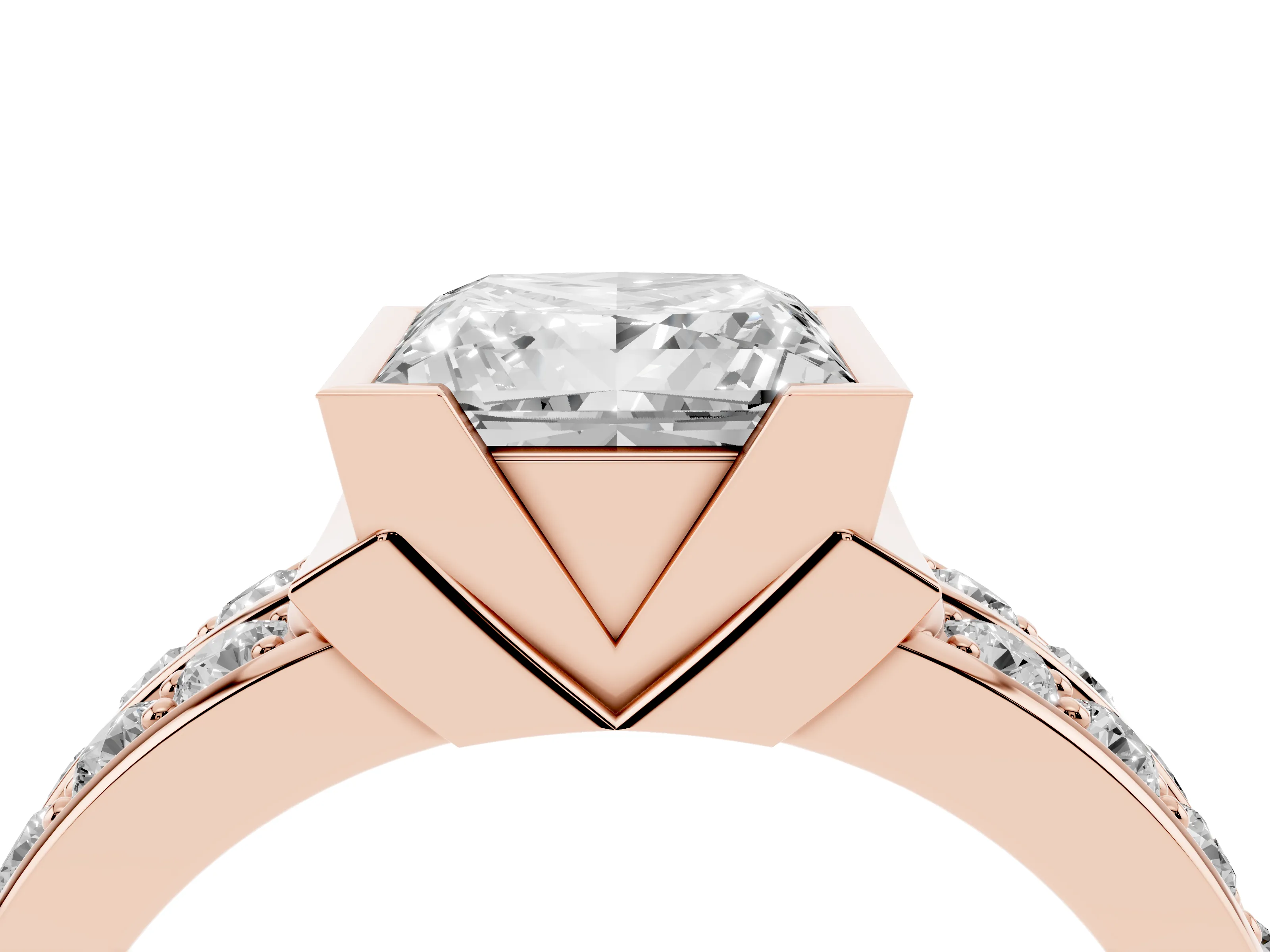 Princess Cut Diamond Wide Channel Set Band Ring Set in Rose gold with Bezel Setting