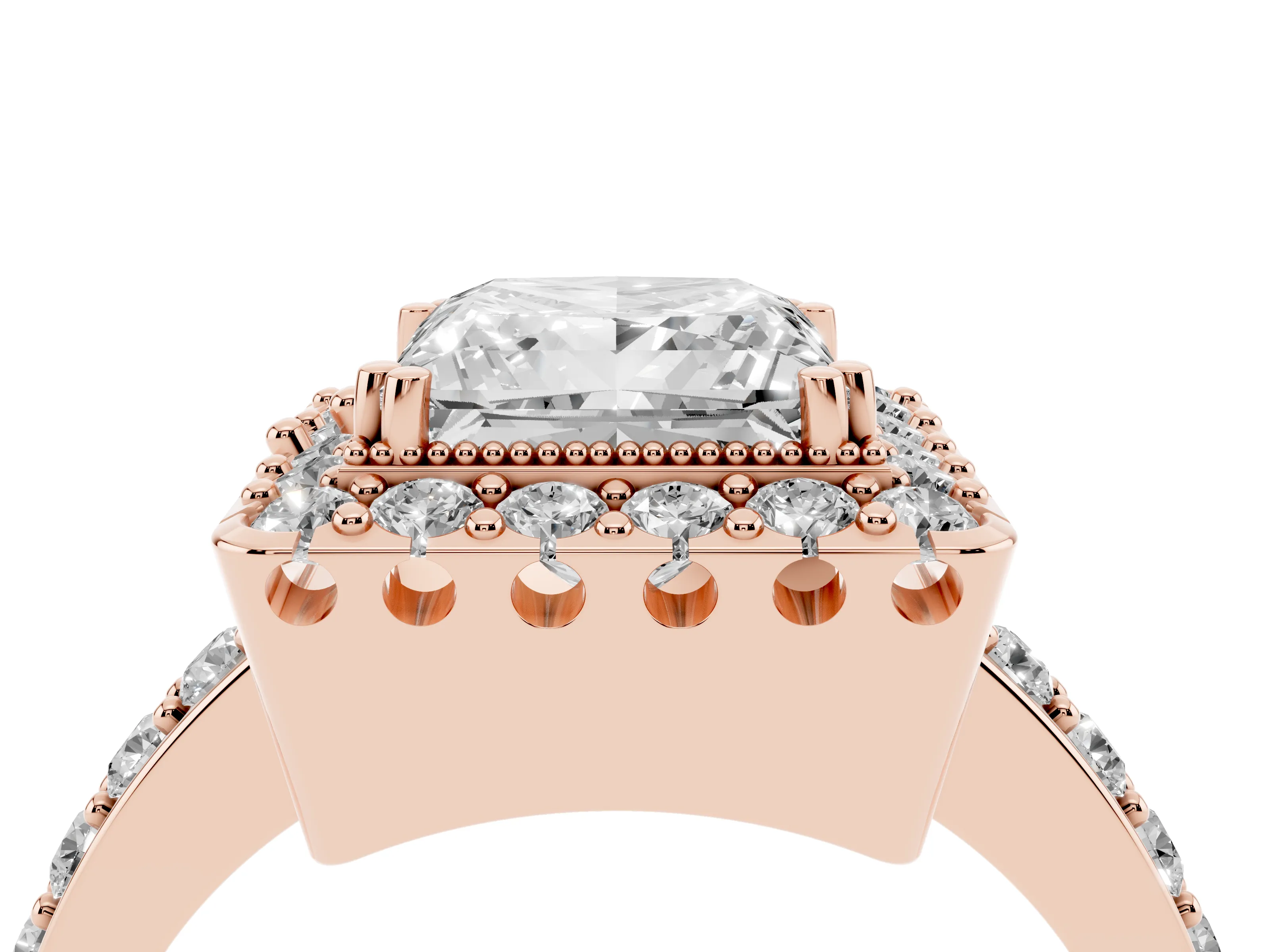 Princess Cut Diamond Halo Ring Set in Rose gold with Pavé Shank and Prong Setting