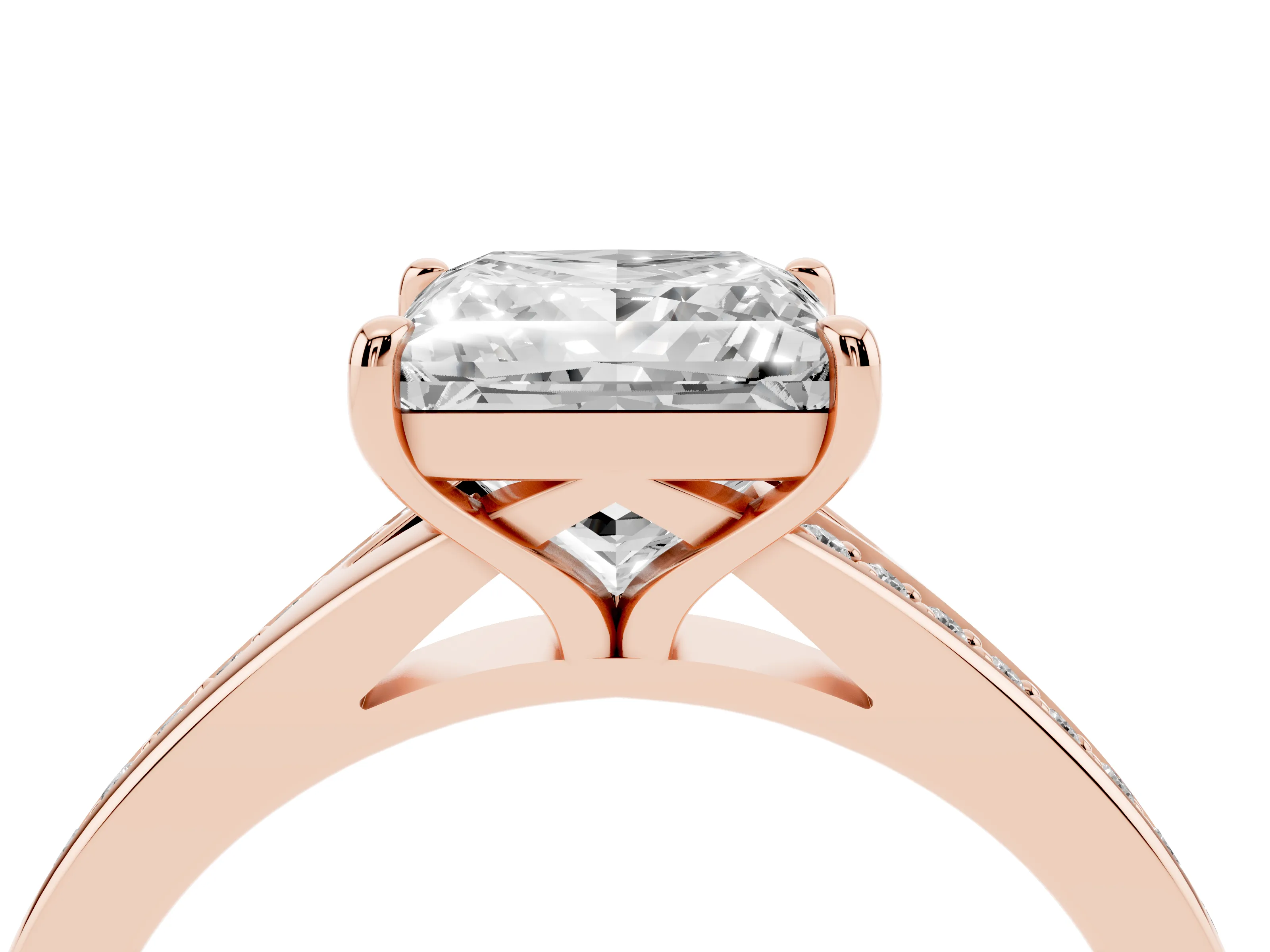 Princess Cut Diamond Solitaire Ring Set in Rose gold with Pavé Accent Band and Classic Prong Setting