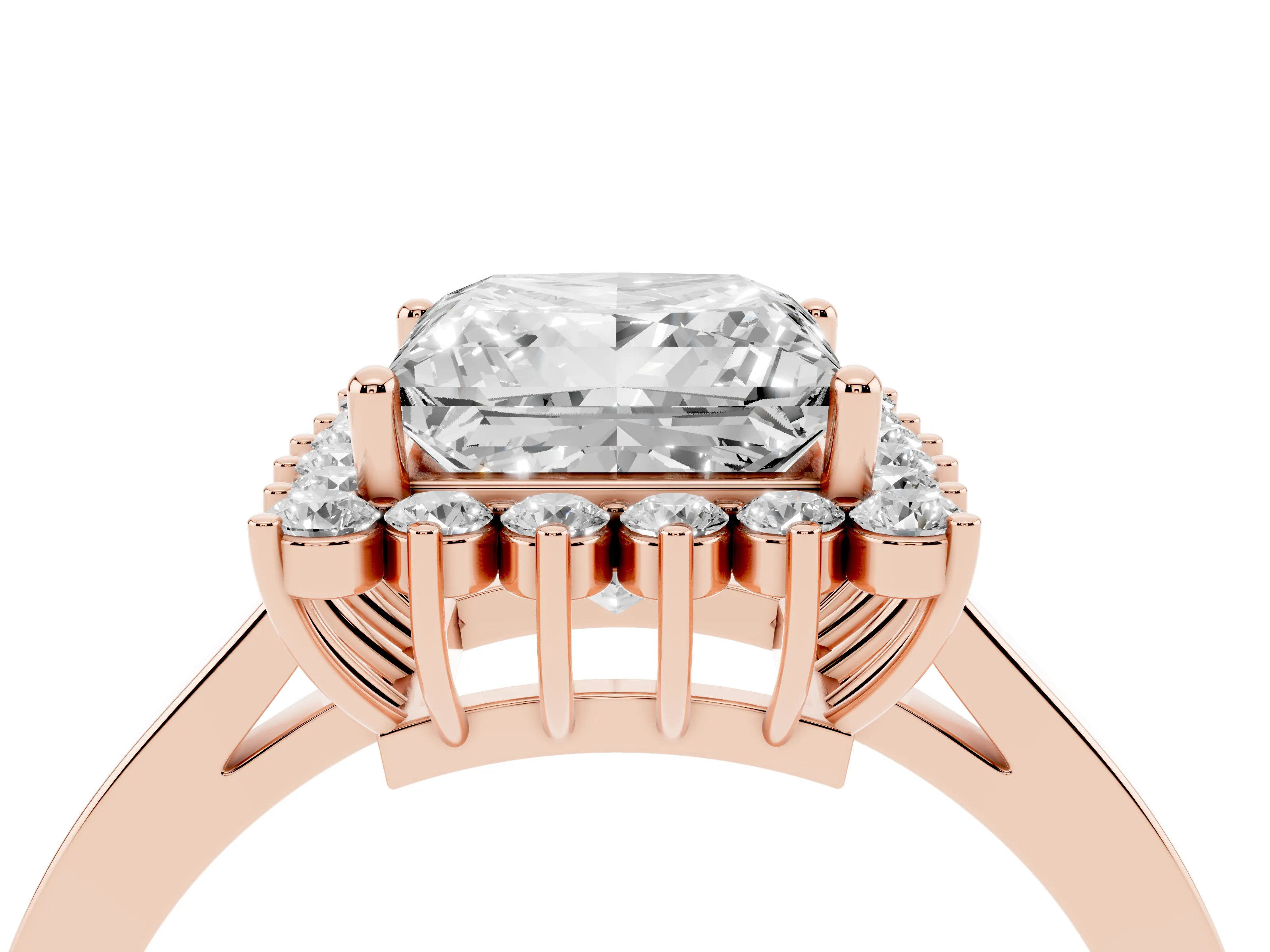 Princess Cut Diamond Halo Ring Set in Rose gold with Round Halo and Smooth Solitaire Band