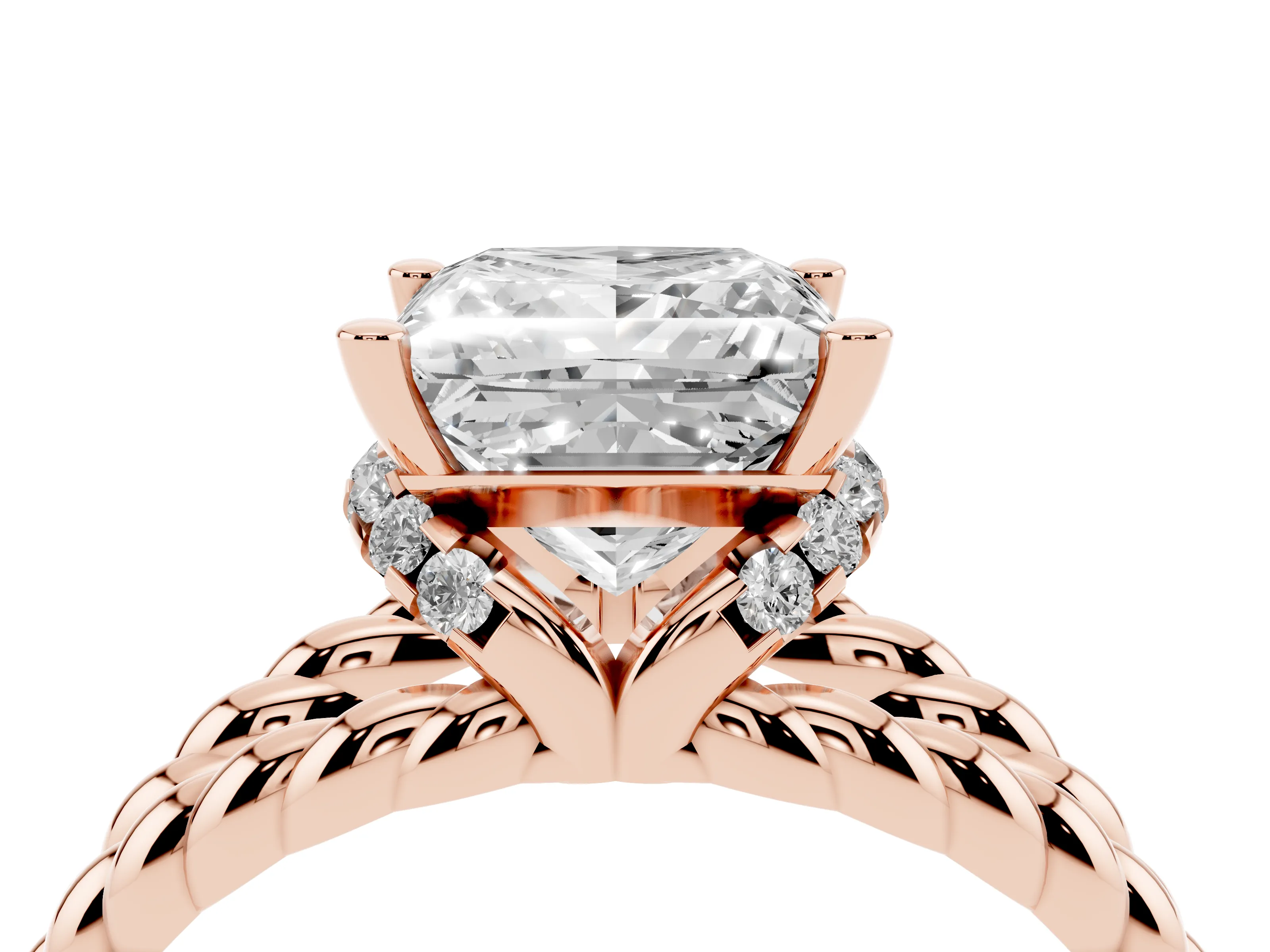 Princess Cut Diamond Halo Ring Set in Rose gold with Twisted Band and Prong Setting