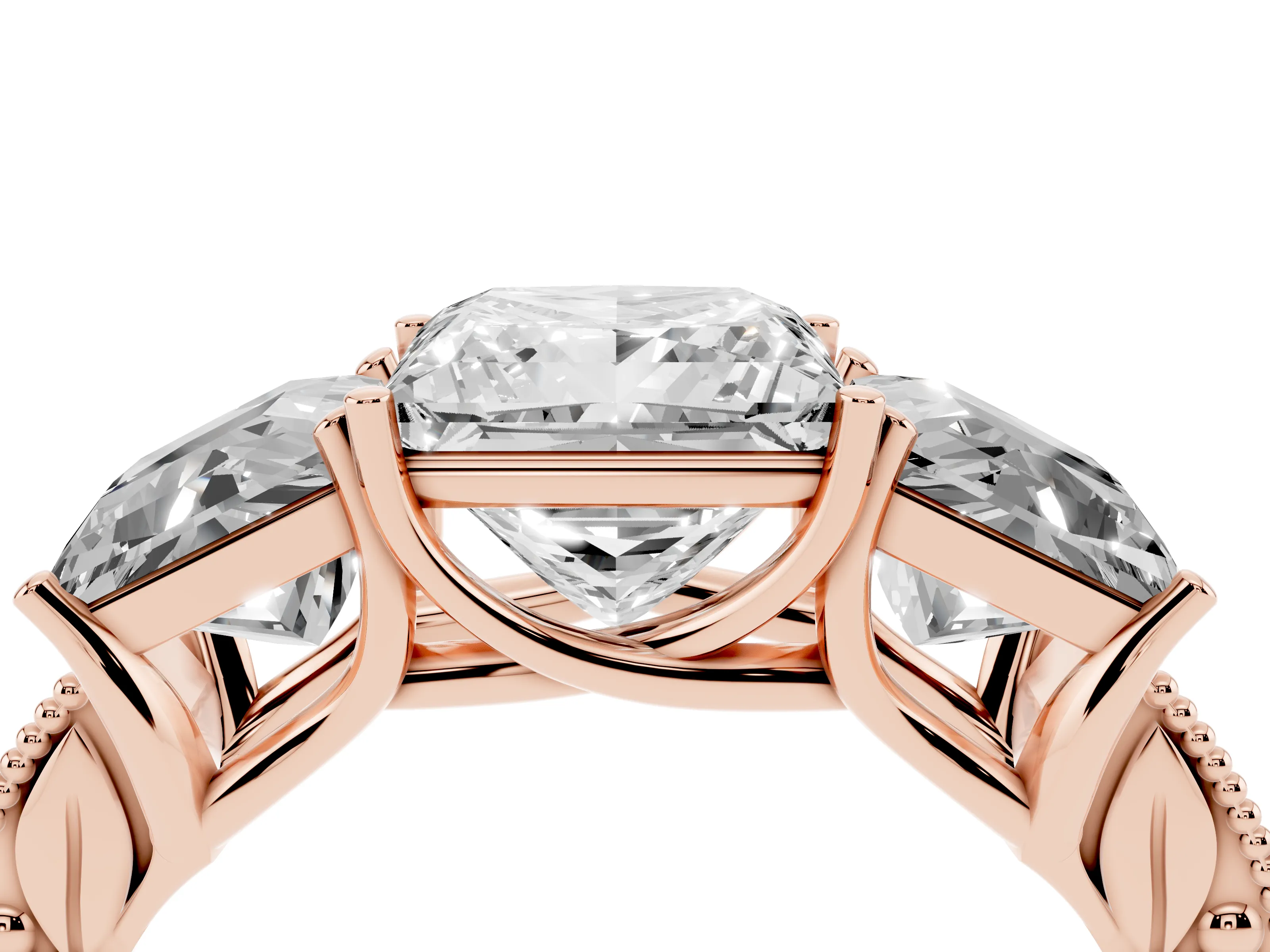 Princess Cut Diamond Three-Stone Engagement Ring Set in Rose gold with Milgrain Pavé Band