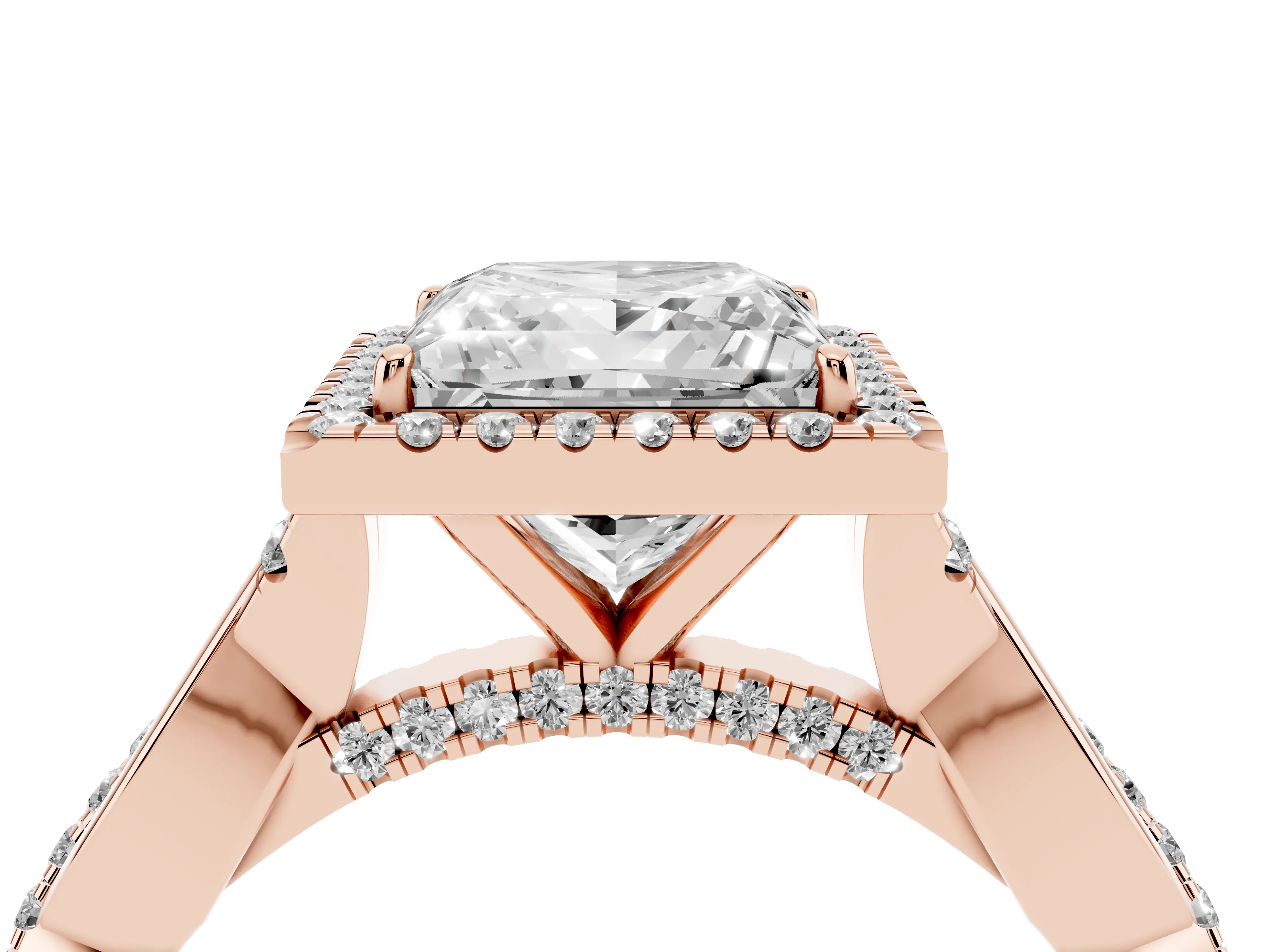 Princess Cut Diamond Halo Twist Band Solitaire Ring Set in Rose gold with Prong Setting