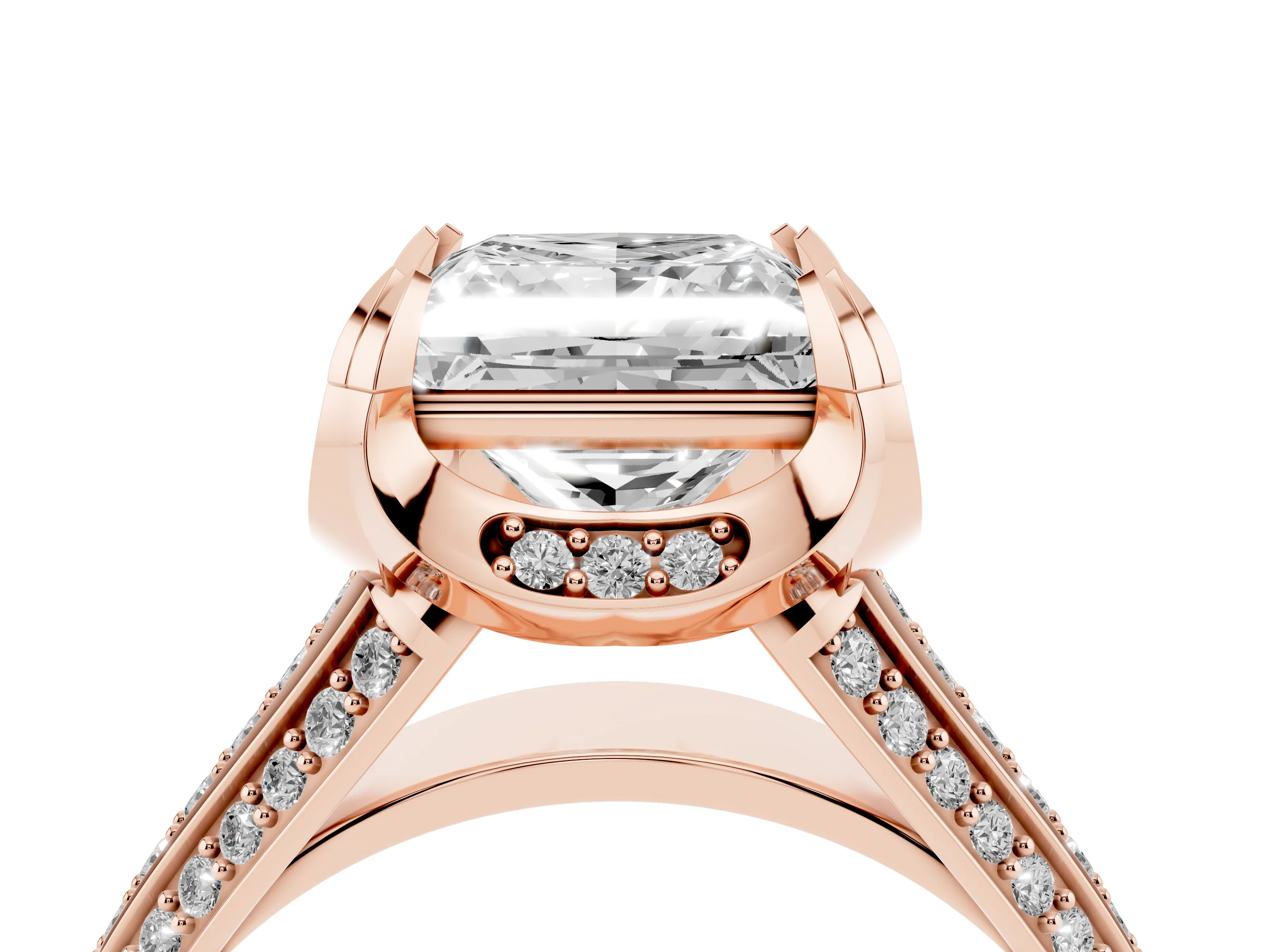 Princess Cut Diamond Pavé Split Shank Solitaire Ring Set in Rose gold with Prong Setting