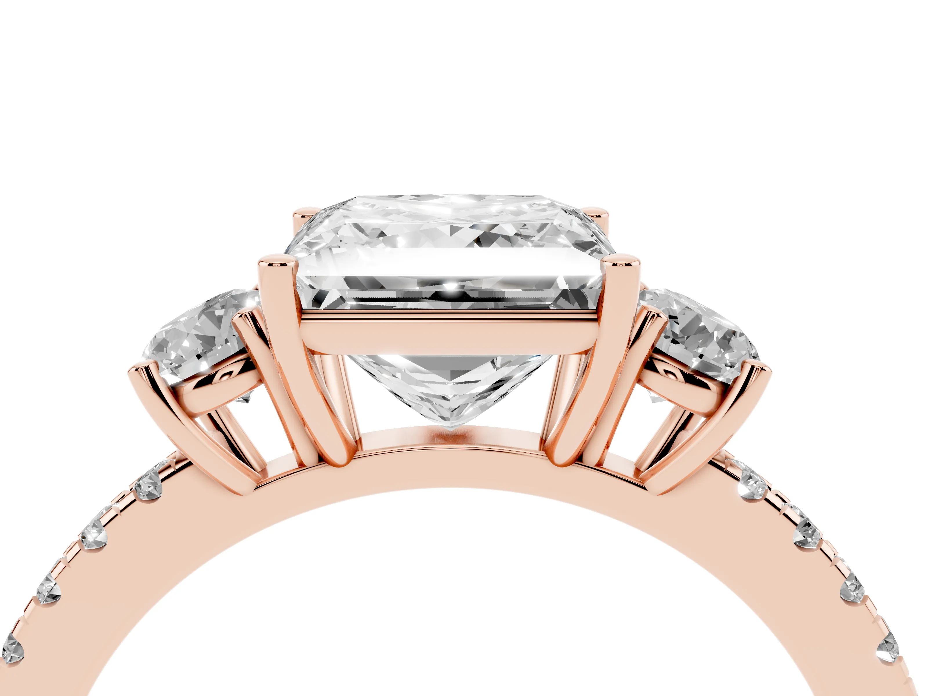 Princess Cut Diamond Three-Stone Ring Set in Rose gold with Pavé Band and Graduated Sides
