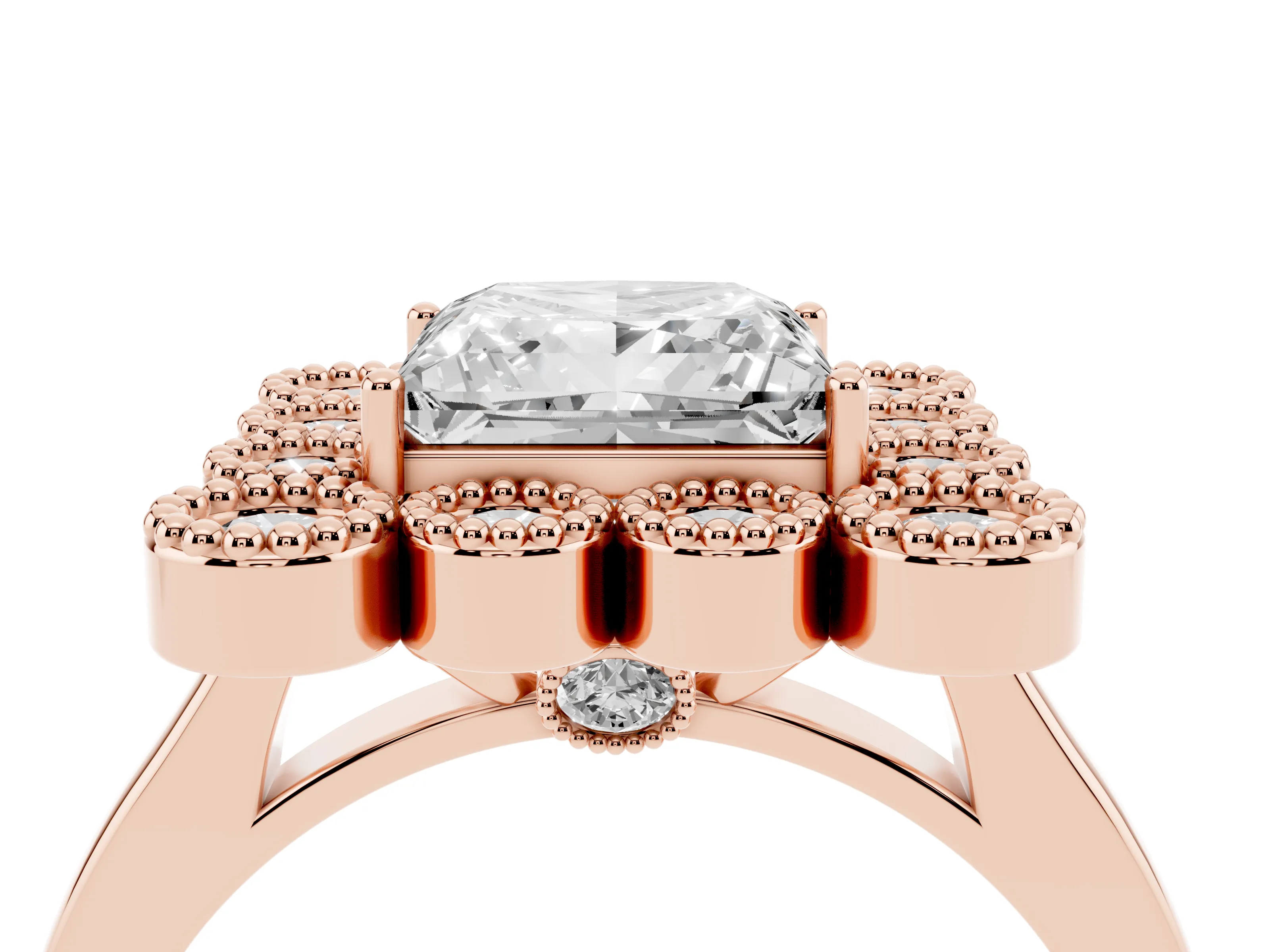 Princess Cut Diamond Cluster Halo Ring Set in Rose gold with Milgrain Bezel Accents and Plain Band